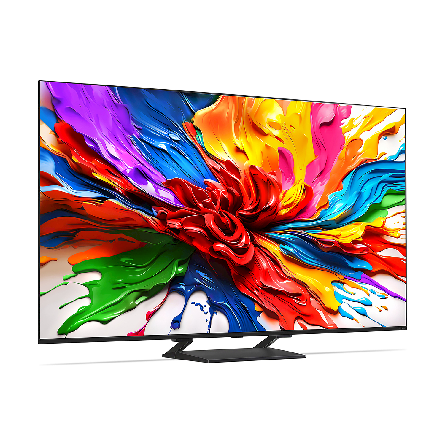 TV LG con arte astratta vibrante e colorata sullo schermo, supporto nero.