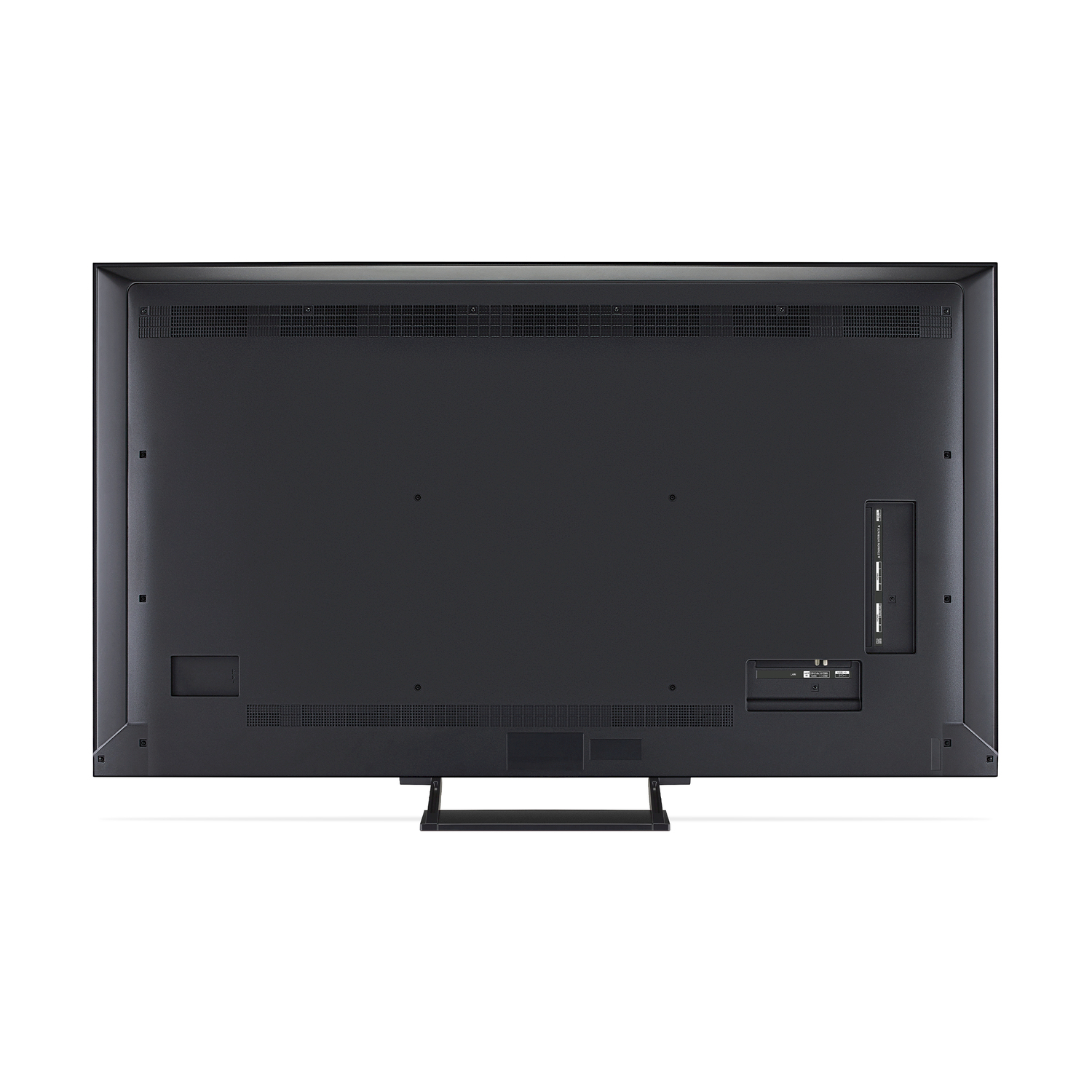 Il retro di una TV nera con porte e un supporto.