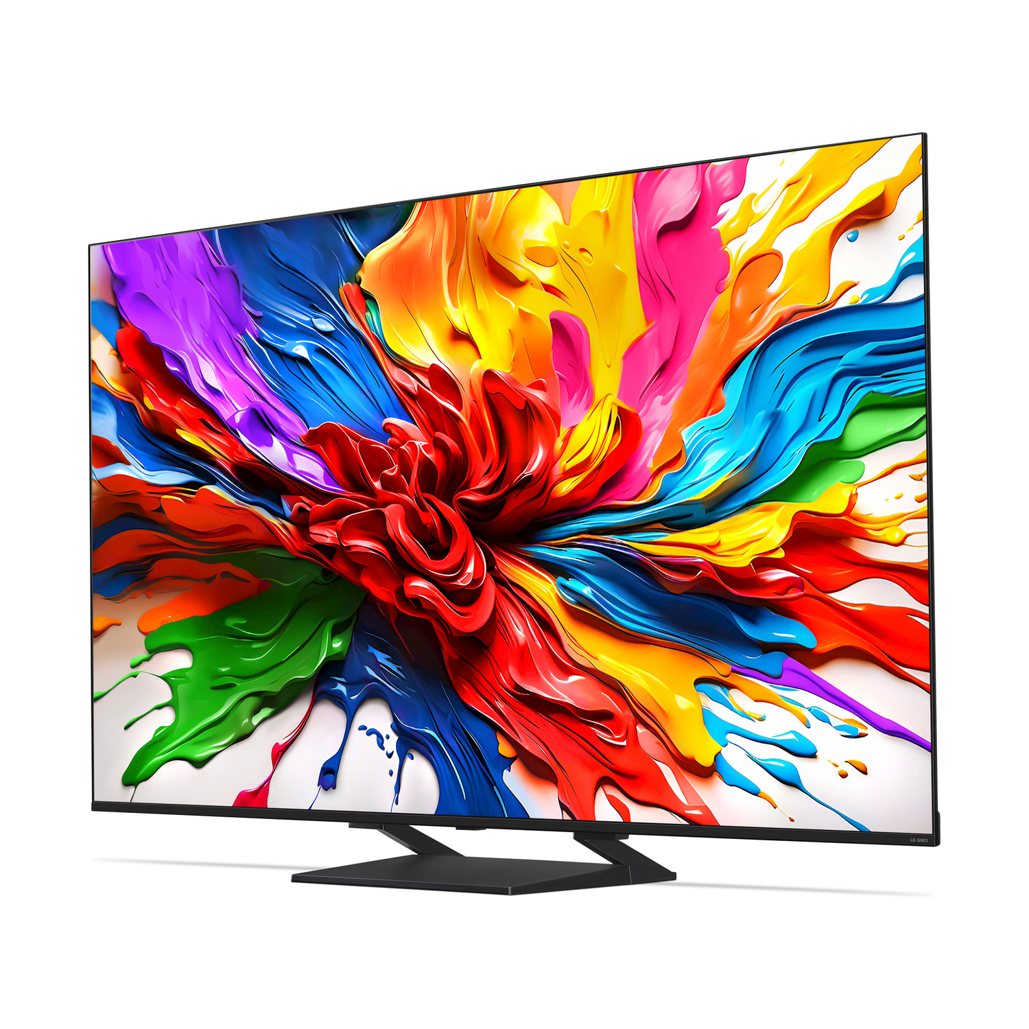 Grande TV con arte astratta colorata sullo schermo. Cornice e supporto neri. Sfondo bianco.