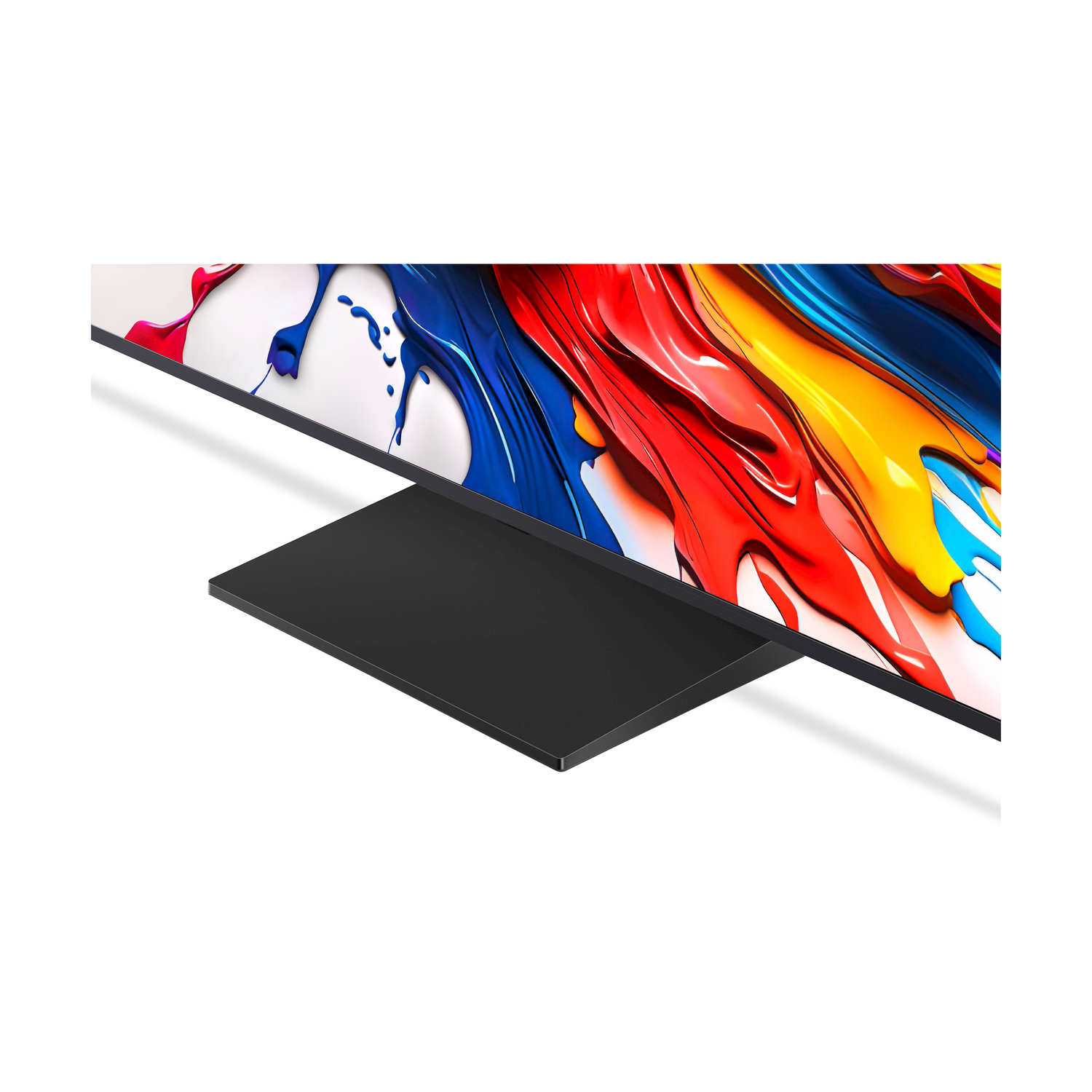 Una TV con supporto nero e opere d'arte astratte colorate.