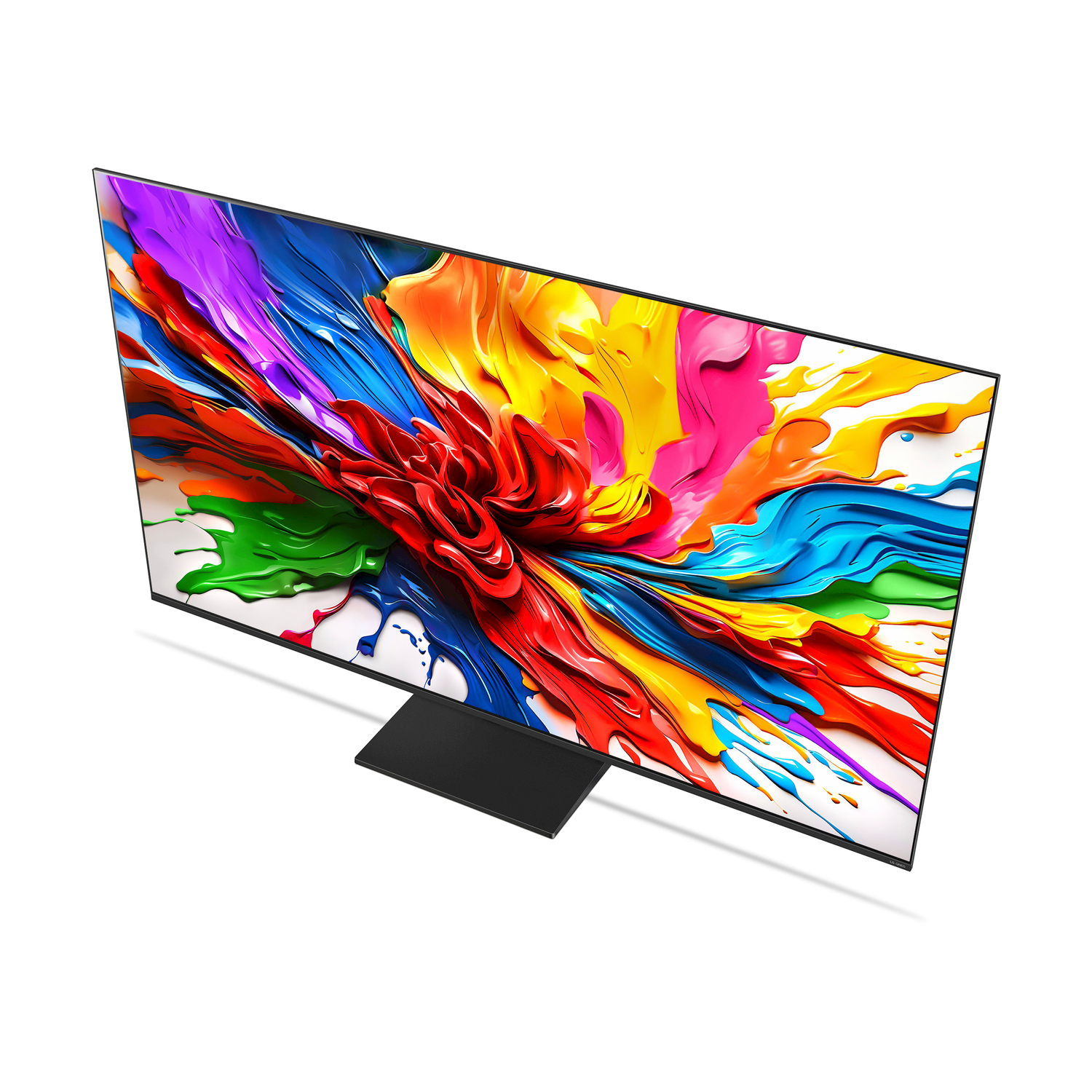 Schermo TV con arte astratta colorata su superficie bianca.