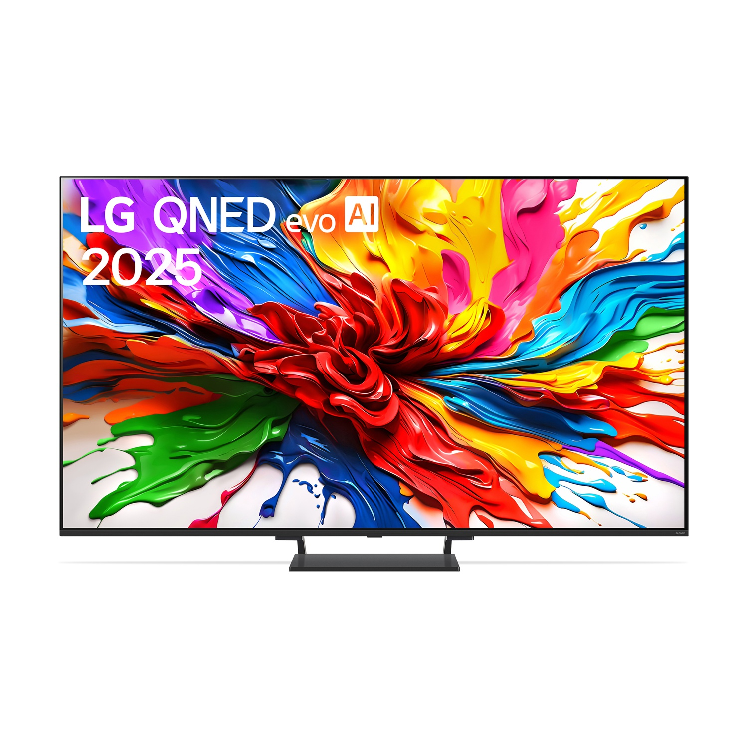 TV LG QNED evo AI 2025. Sfondo astratto colorato. Supporto nero. Testo bianco.