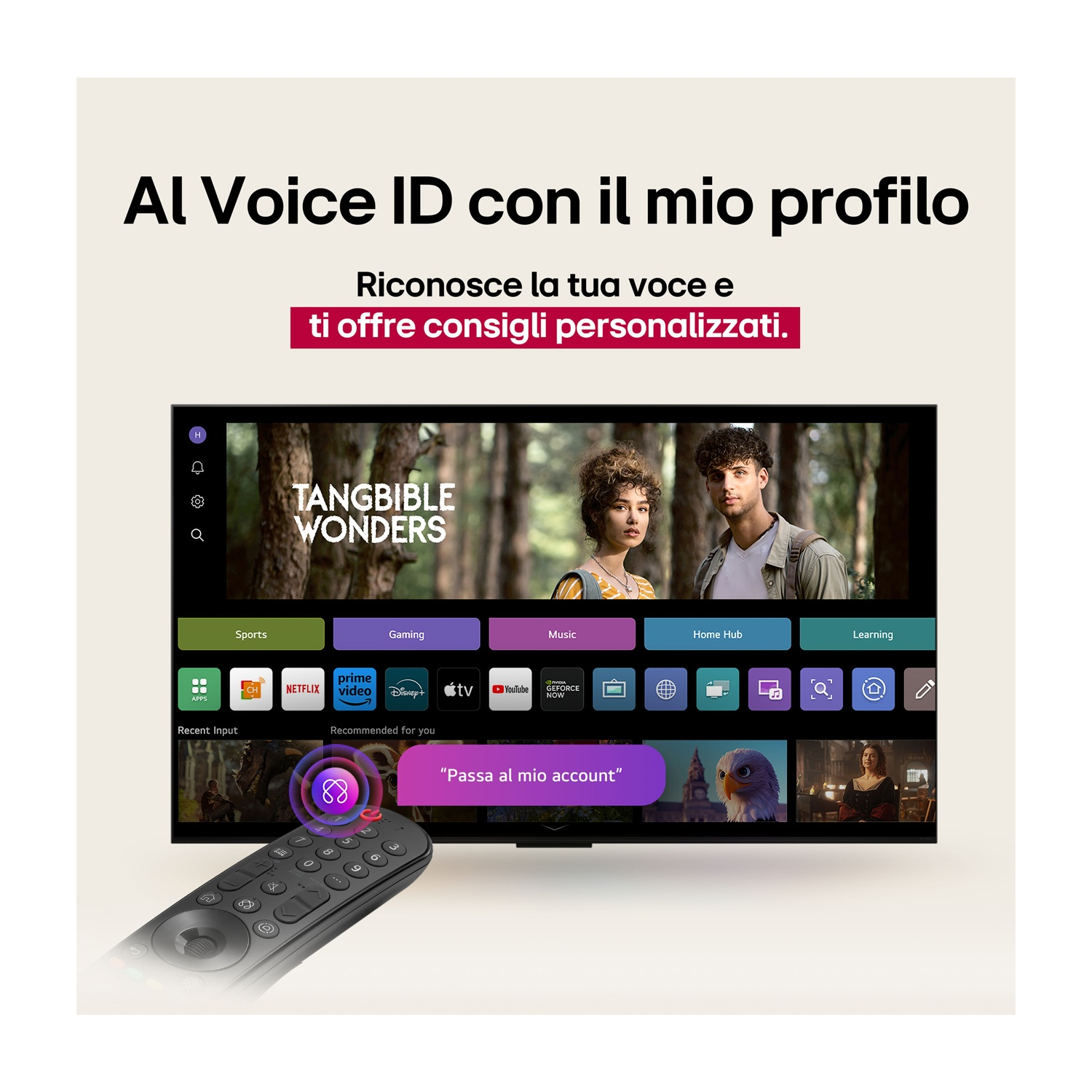 Lo schermo di una TV mostra una scena con due persone e icone per diverse app. Un telecomando è in basso.