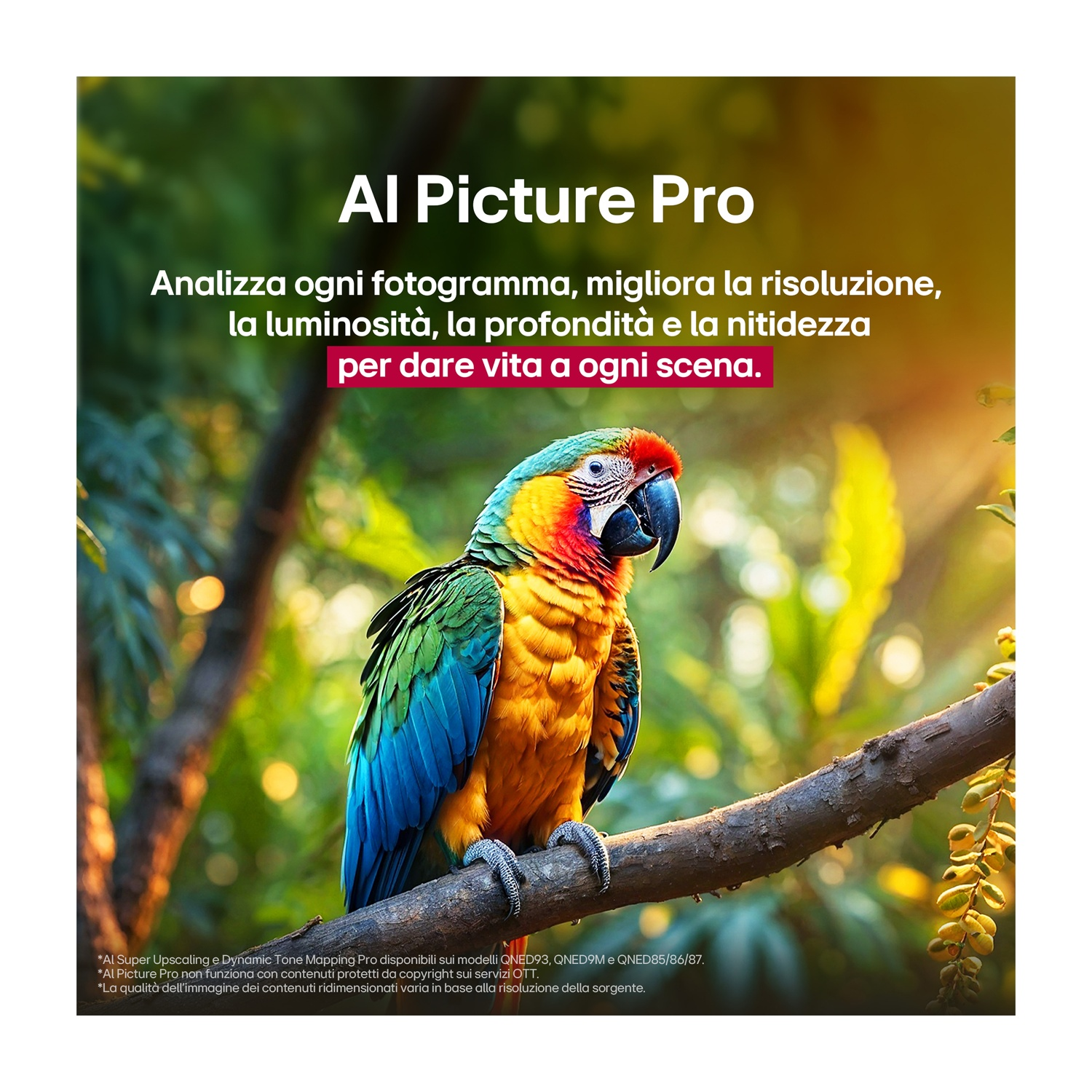 Un pappagallo colorato su un ramo, testo su AI Picture Pro, sfondo sfocato di alberi.