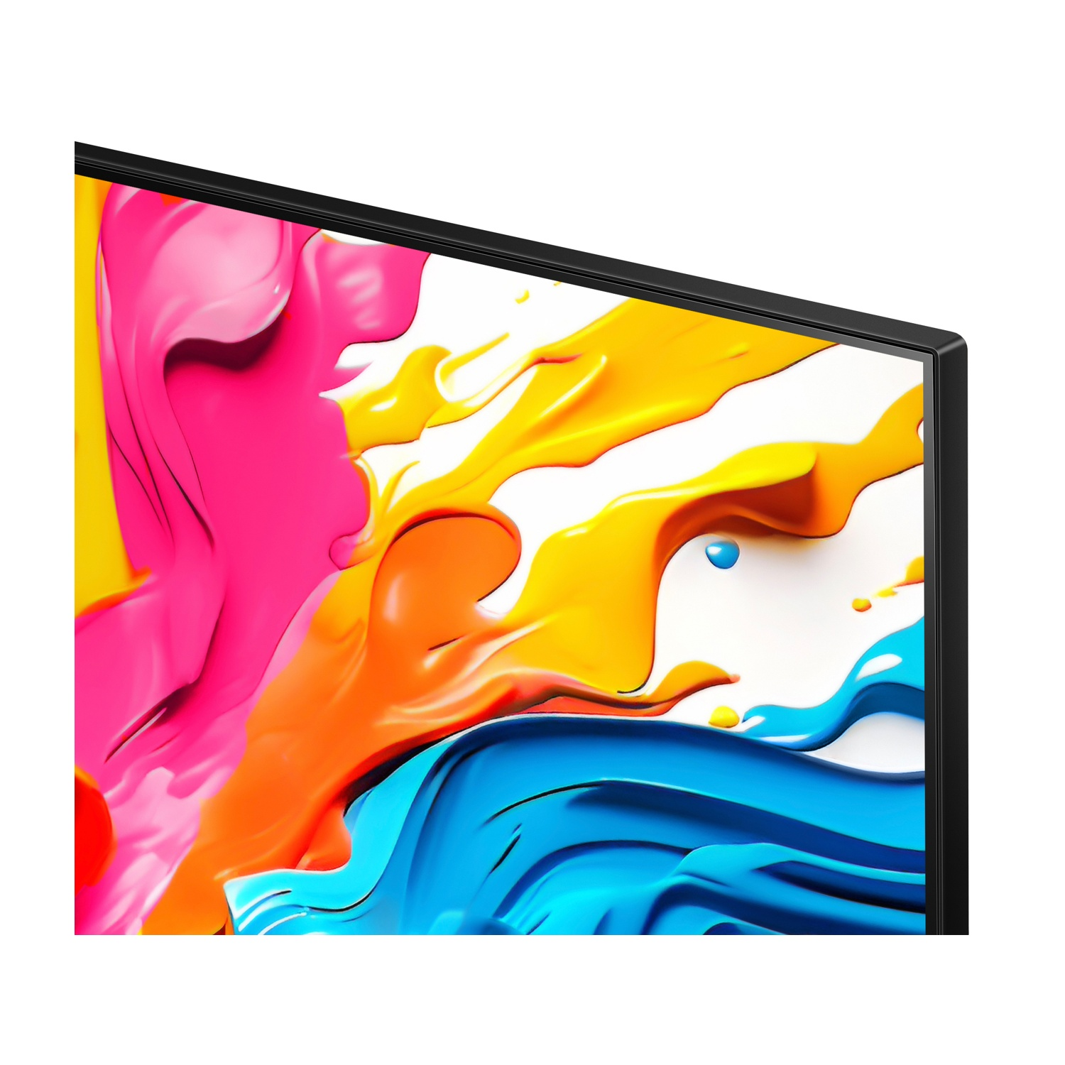 Primo piano di uno schermo TV con design astratto e colorato. Rosa, giallo, arancione e bianco.