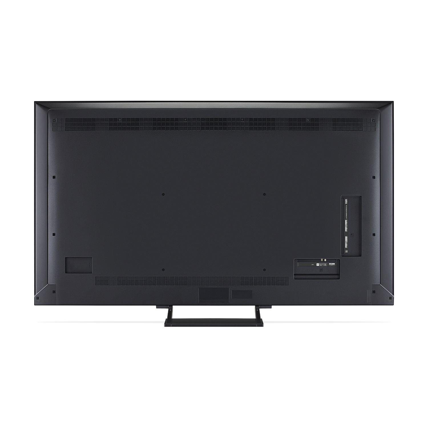 Retro di una TV nera con porte. La TV è su un supporto. Ci sono porte e connessioni sul retro.