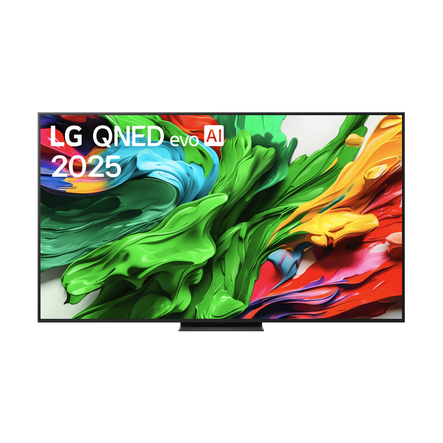 TV LG QNED evo AI 2025. Lo schermo mostra arte astratta con colori vibranti. Il televisore è su un supporto nero.