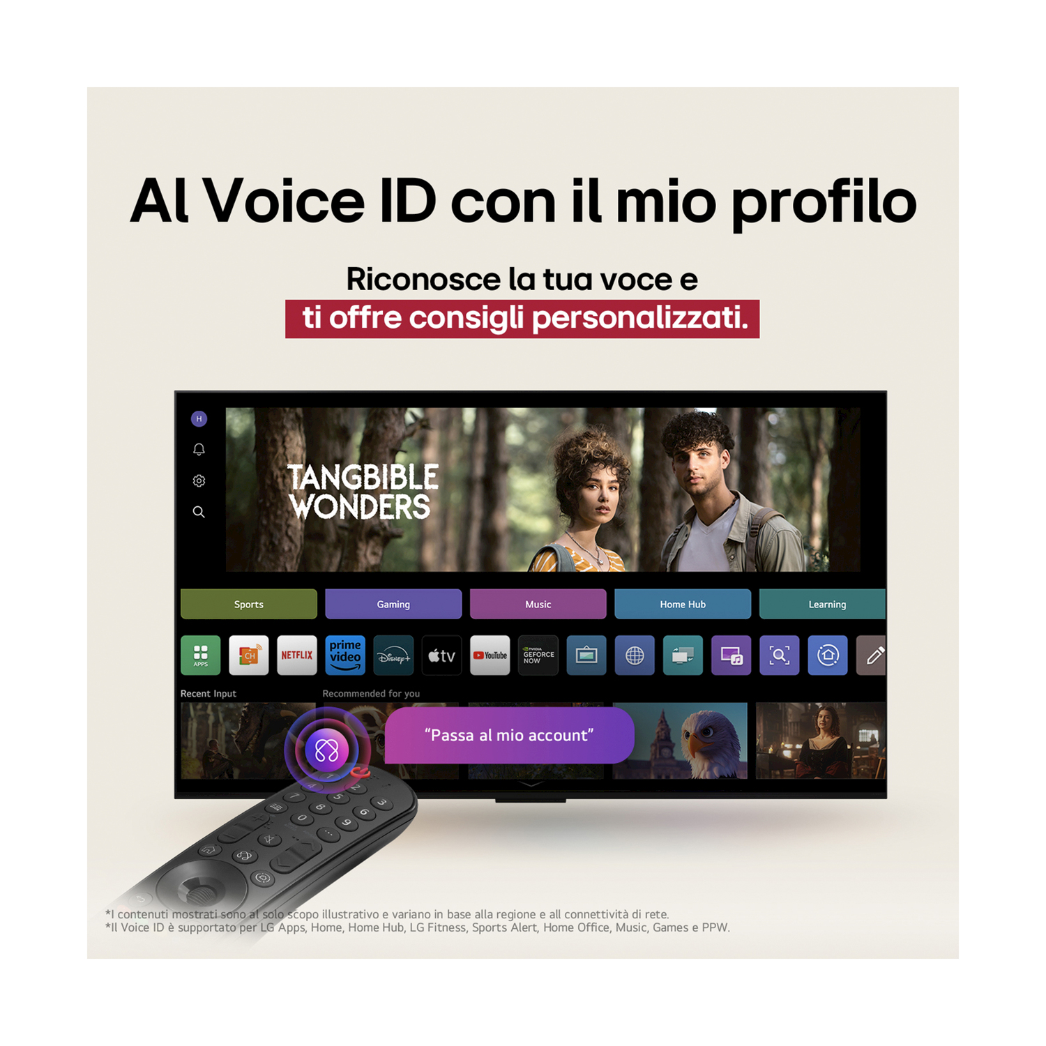 Uno schermo TV mostra un'interfaccia con icone di app e un telecomando in primo piano. Testo in alto.