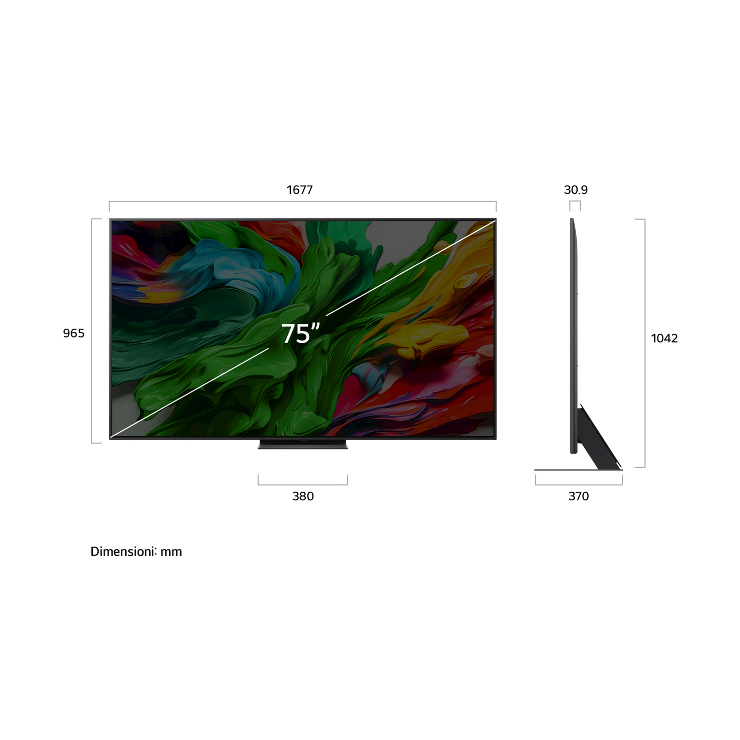 TV da 75 pollici con dimensioni e arte astratta colorata visualizzata sullo schermo.