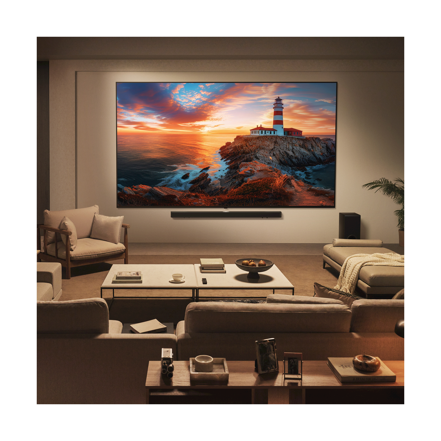 Soggiorno con grande TV che mostra una scena costiera con un faro al tramonto.