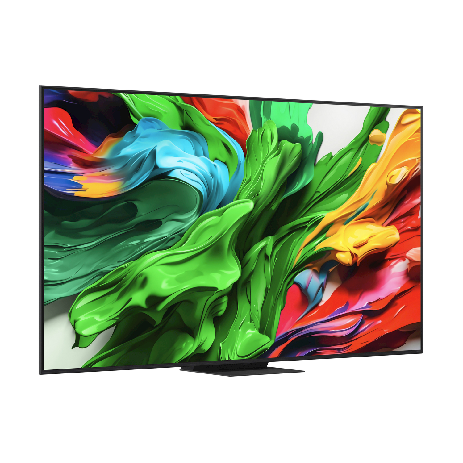 Una grande TV che mostra arte astratta colorata su sfondo bianco.