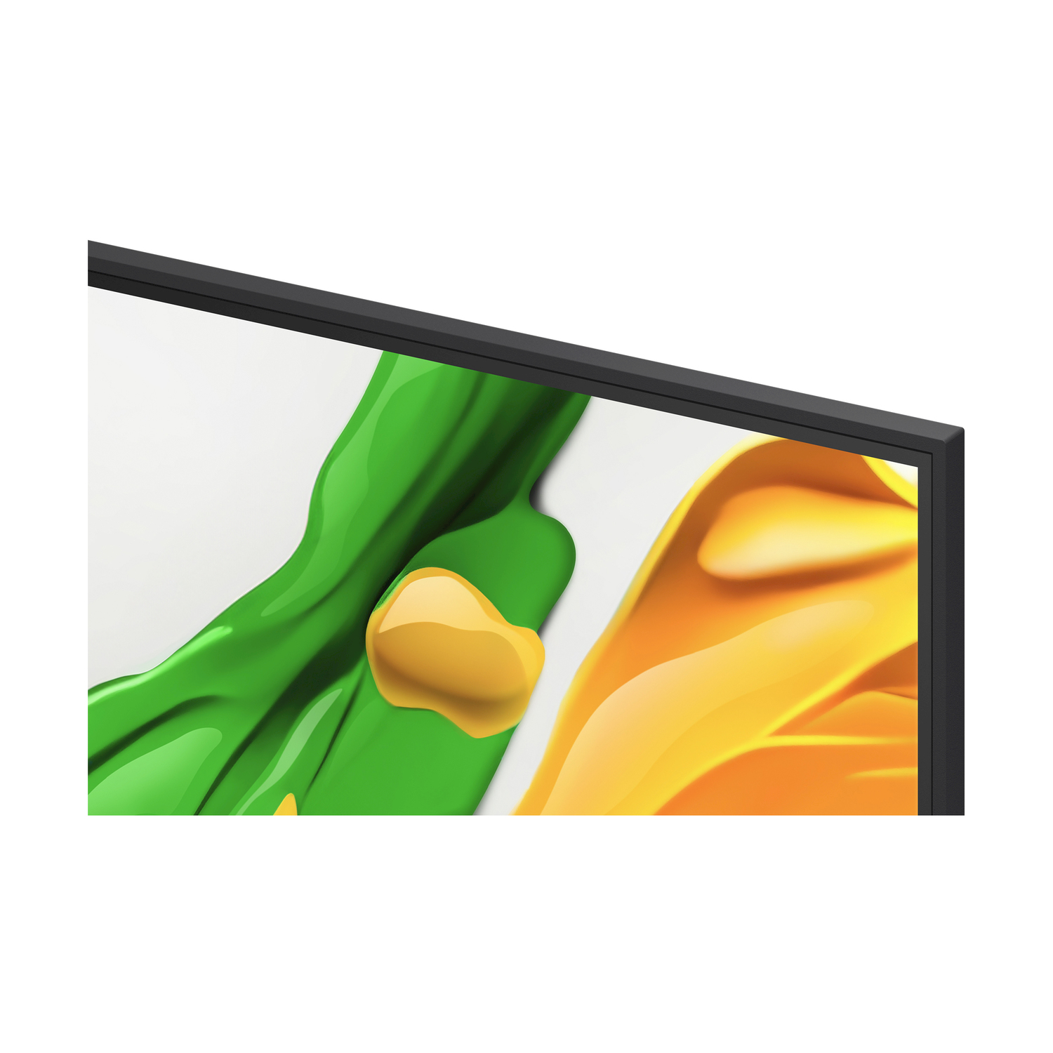 Schermo televisivo con schizzo di vernice verde e gialla, cornice nera.