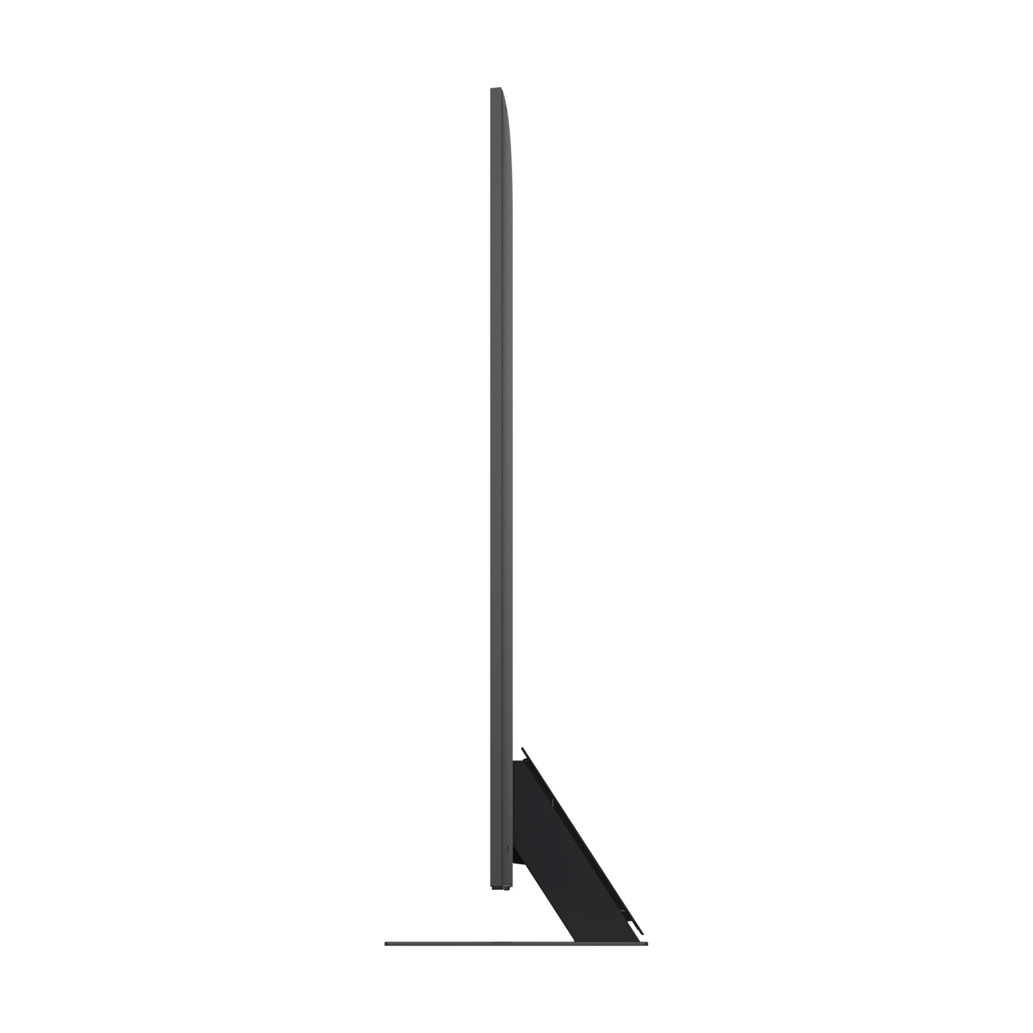Una vista laterale di una televisione sottile nera con un supporto nero su sfondo bianco.