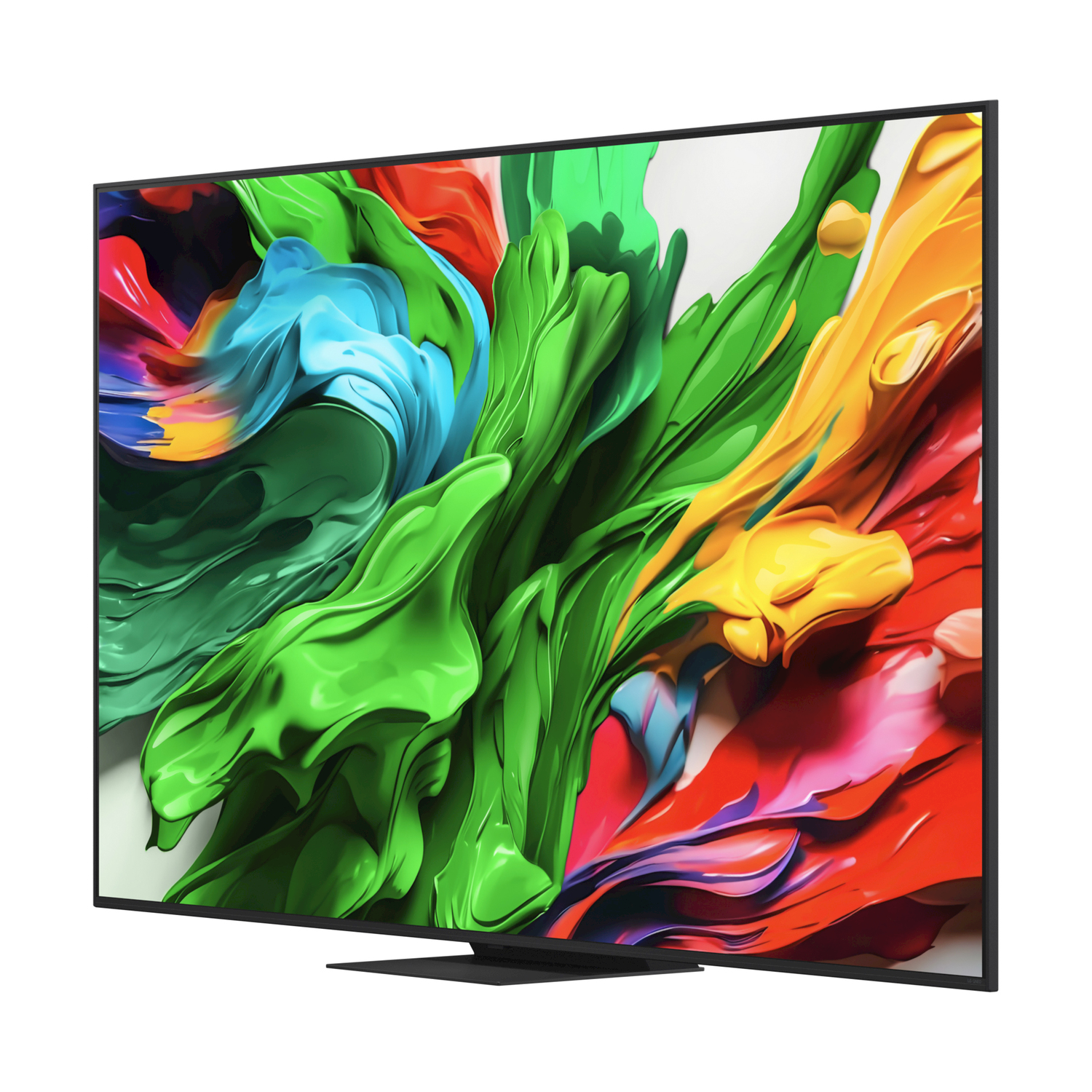 Grande TV a schermo piatto che mostra arte astratta colorata.