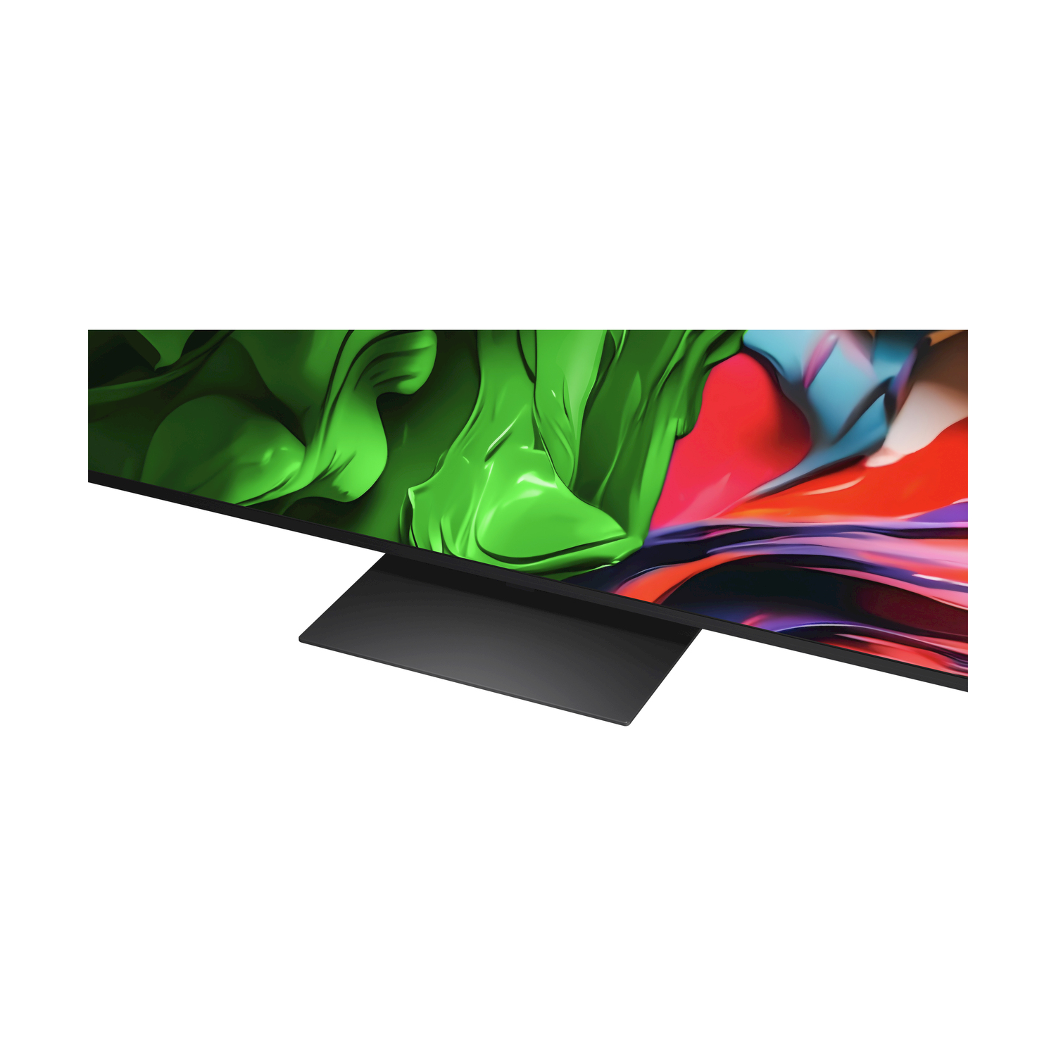 Vista dall'alto di uno schermo TV con pennellate colorate su un supporto nero.