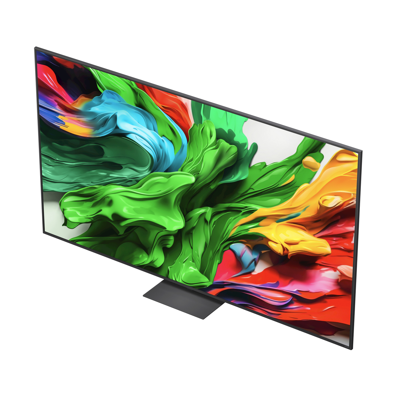 TV con display astratto colorato. Supporto e cornice neri, vista dall'alto.