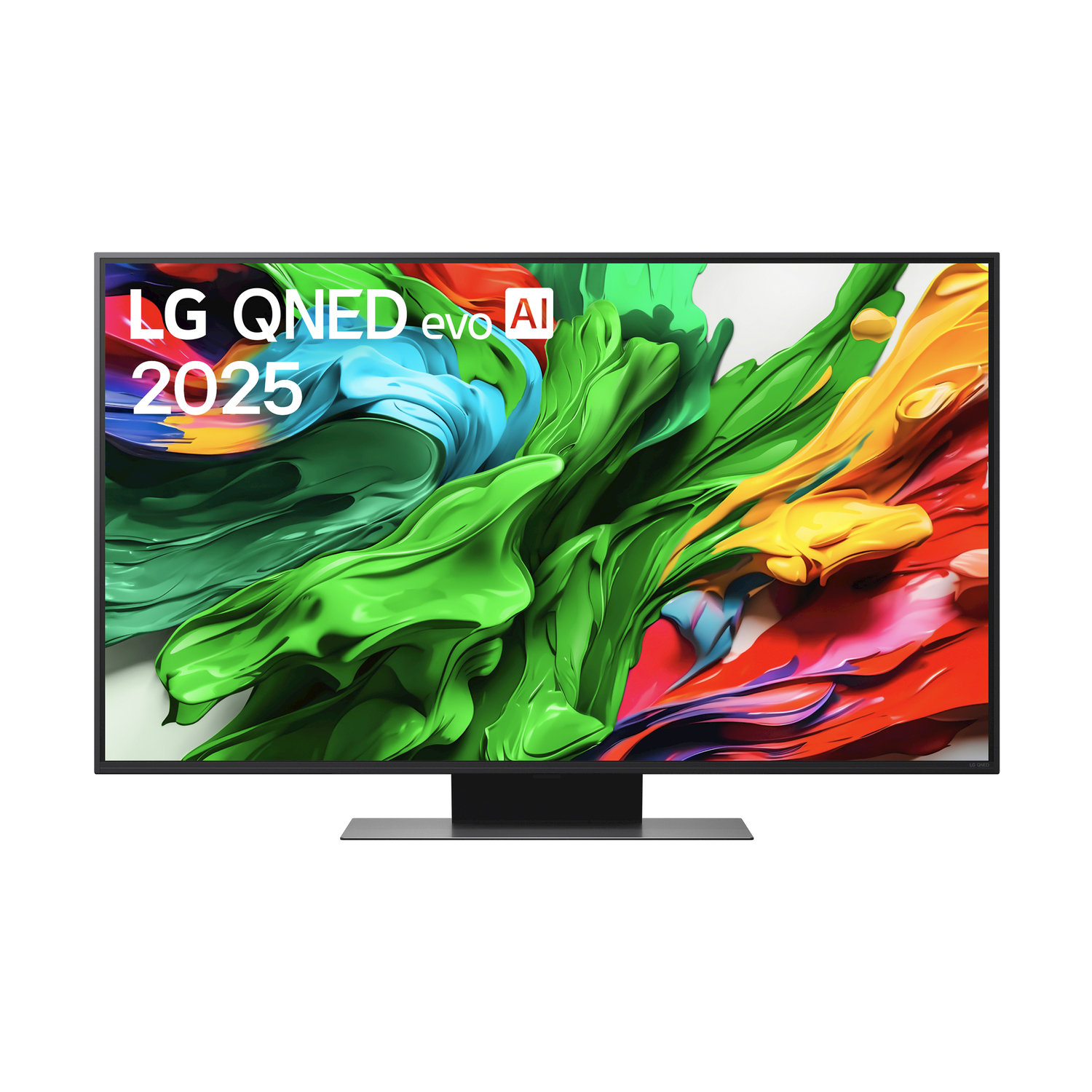 TV LG QNED evo AI 2025. Mostra arte astratta colorata sullo schermo.