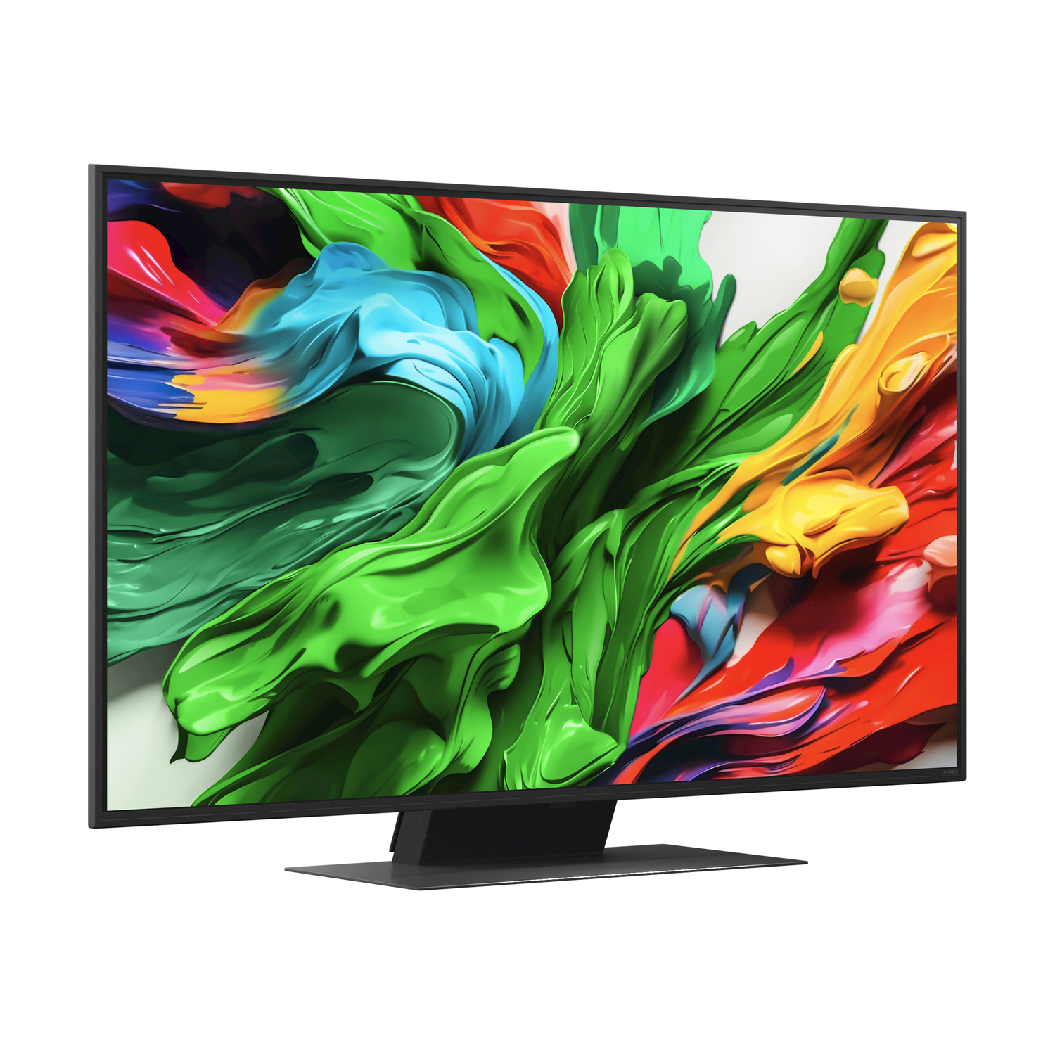 Una grande TV su un supporto mostra un'opera d'arte astratta colorata con vari colori.