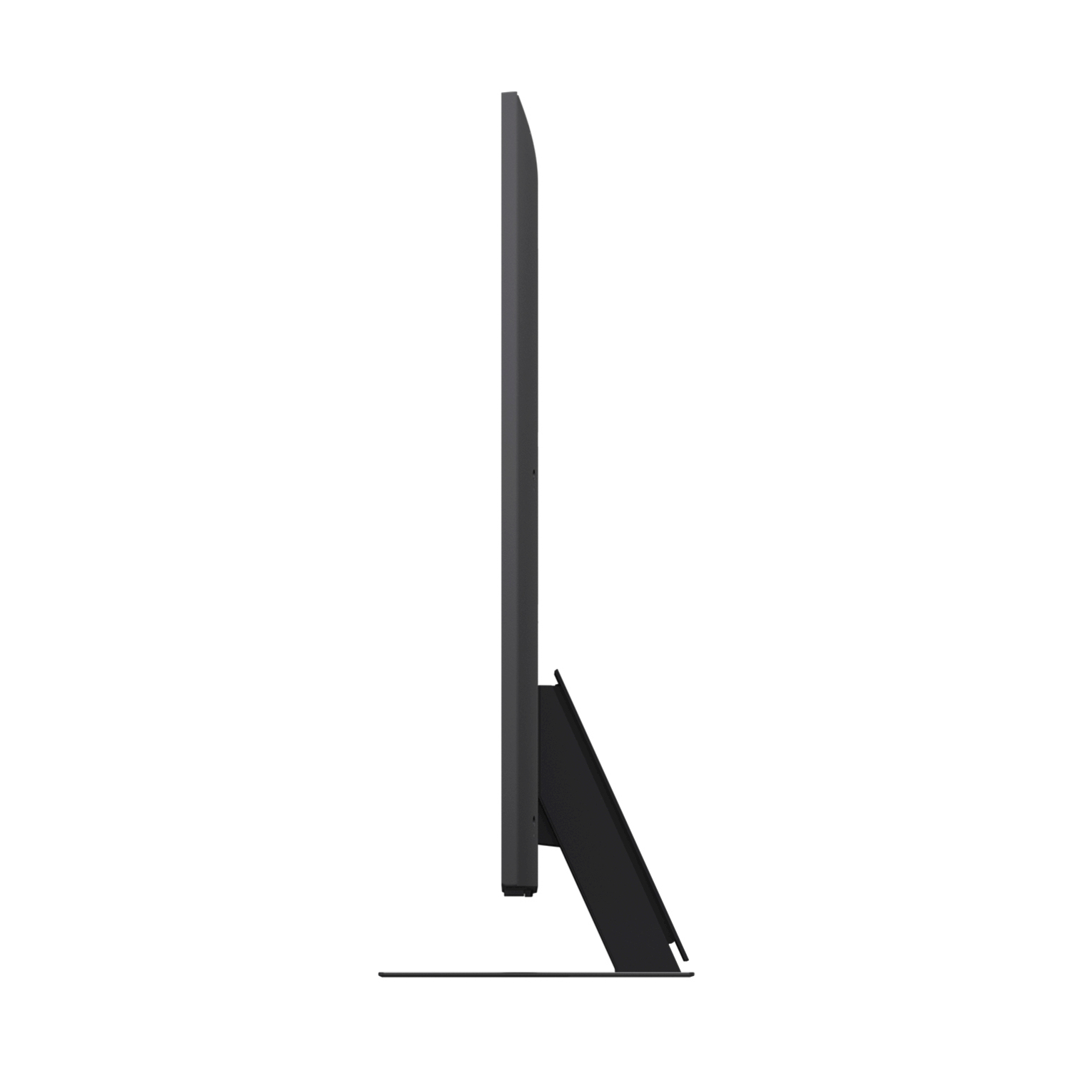Vista laterale di una TV nera. La TV è su un supporto, contro uno sfondo bianco.