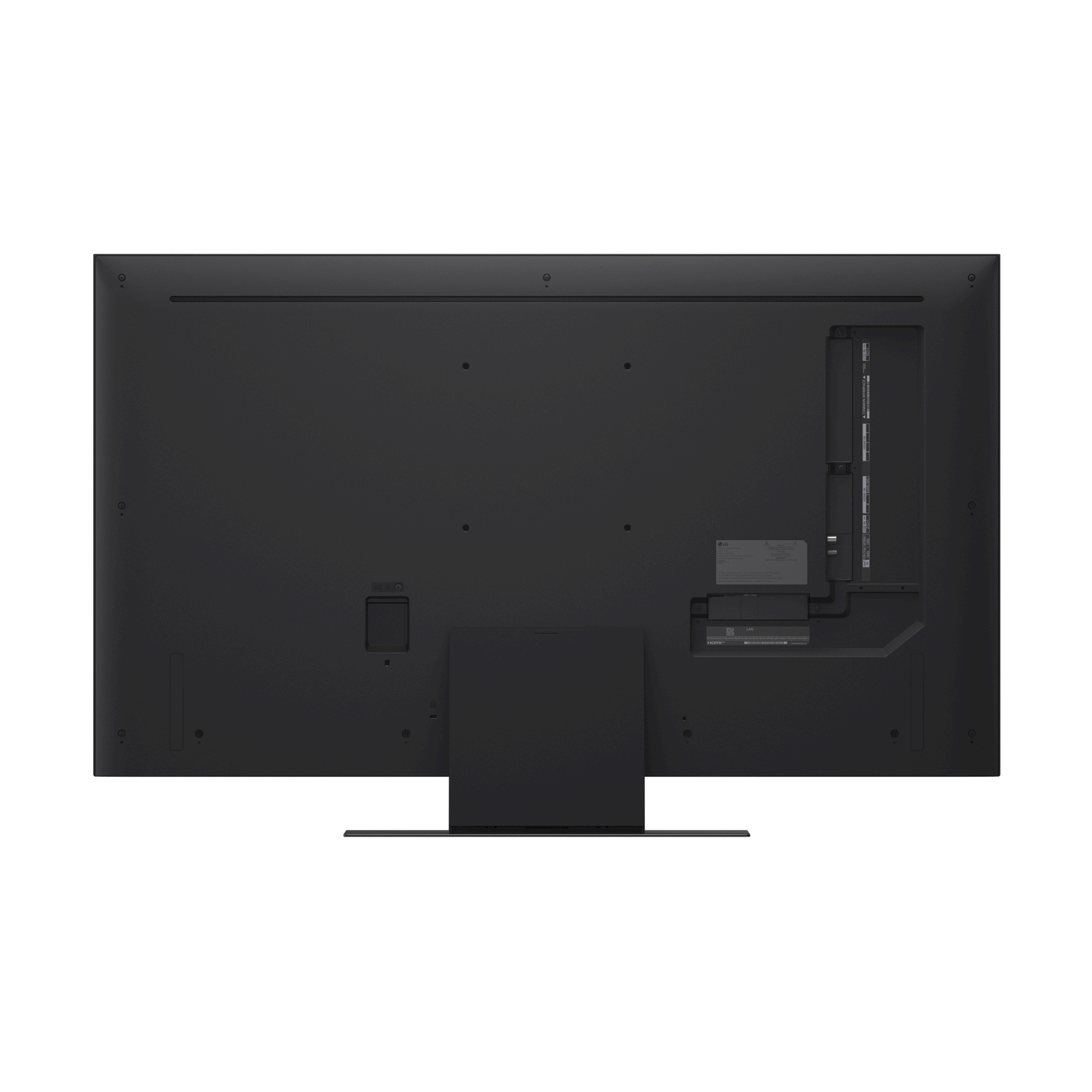 Retro di una TV di grandi dimensioni con base nera. Le porte e le connessioni sono visibili.
