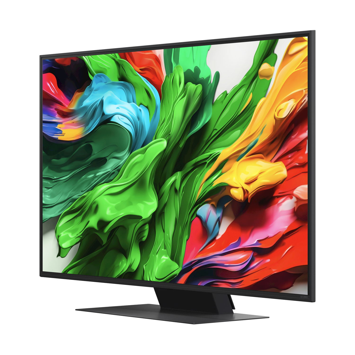 Una TV moderna mostra arte astratta colorata. È su un supporto nero, sfondo bianco.