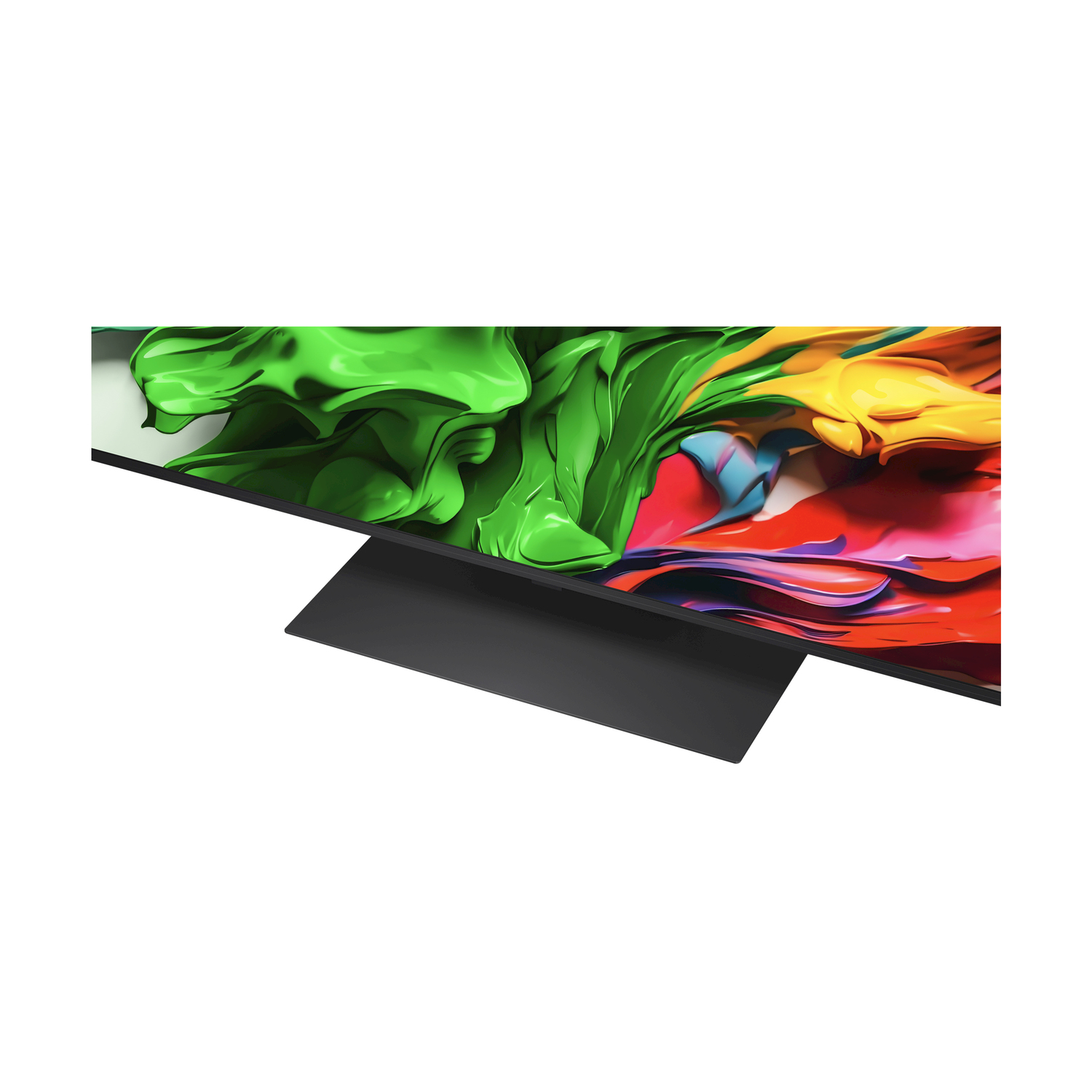Schermo TV moderno con design colorato. Il supporto è nero e la cornice è nera.