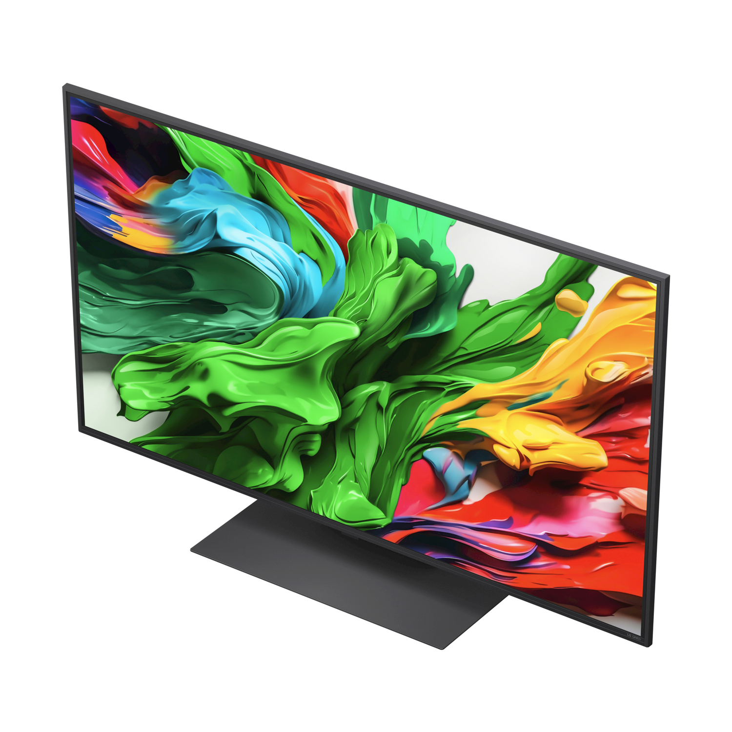 Uno schermo TV con pennellate colorate su sfondo bianco, montato su un supporto nero.