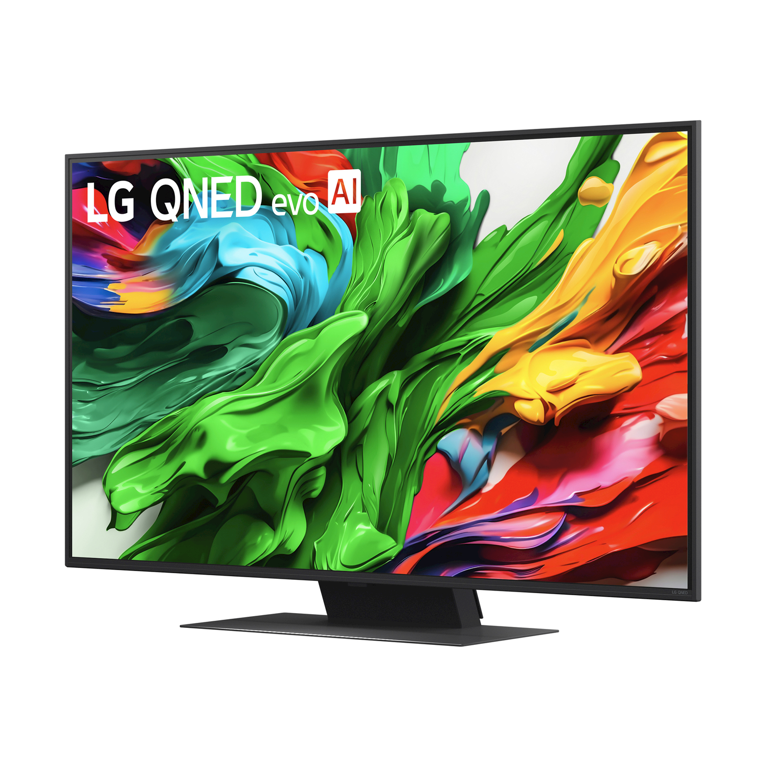 Uno schermo TV con arte astratta colorata, su sfondo bianco.