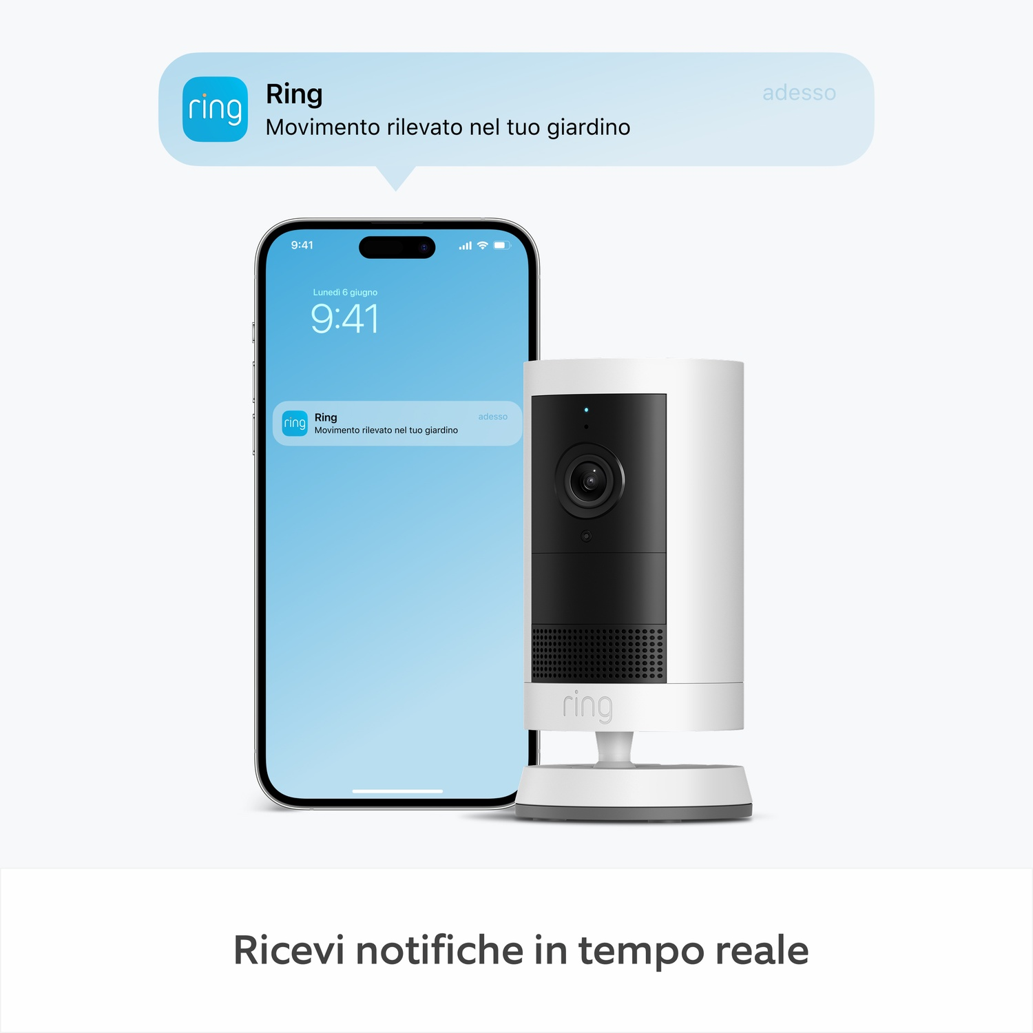 Uno smartphone che mostra una notifica dell'app Ring e una telecamera di sicurezza.