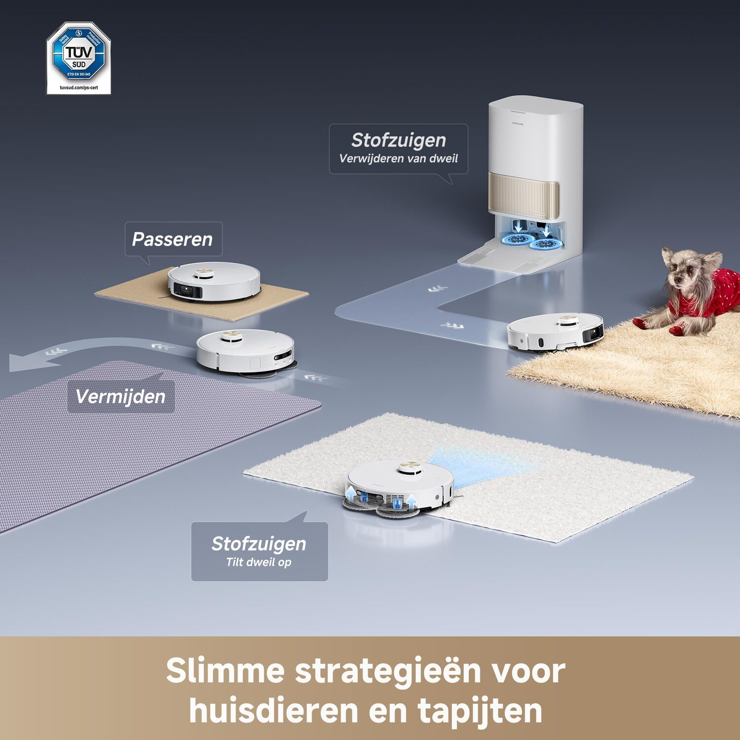 Diagram van een robotstofzuiger die de vloer schoonmaakt.