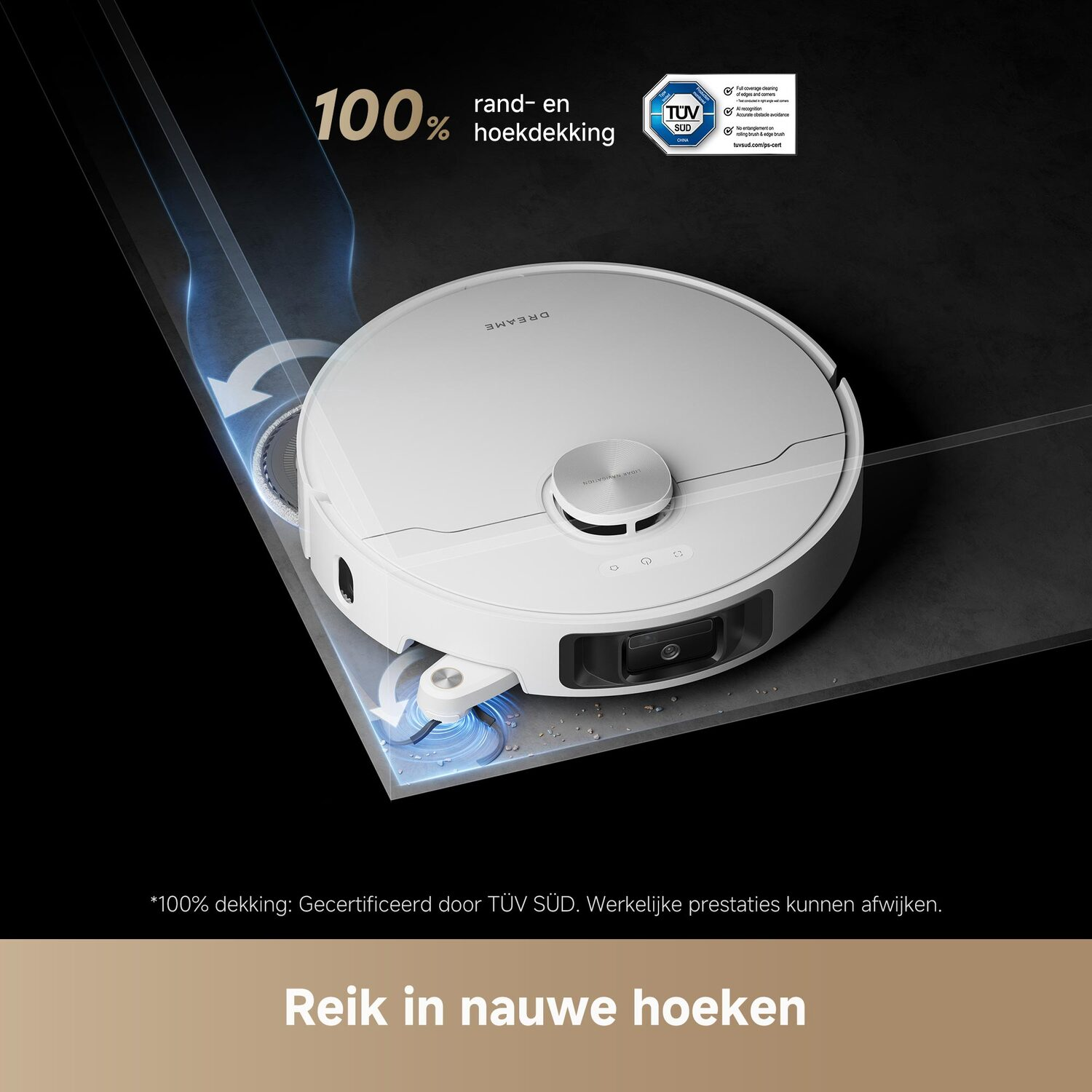 Robotstofzuiger die een vloer schoonmaakt. Tekst: 100% rand- en hoekdekking. Bereik nauwe hoeken.