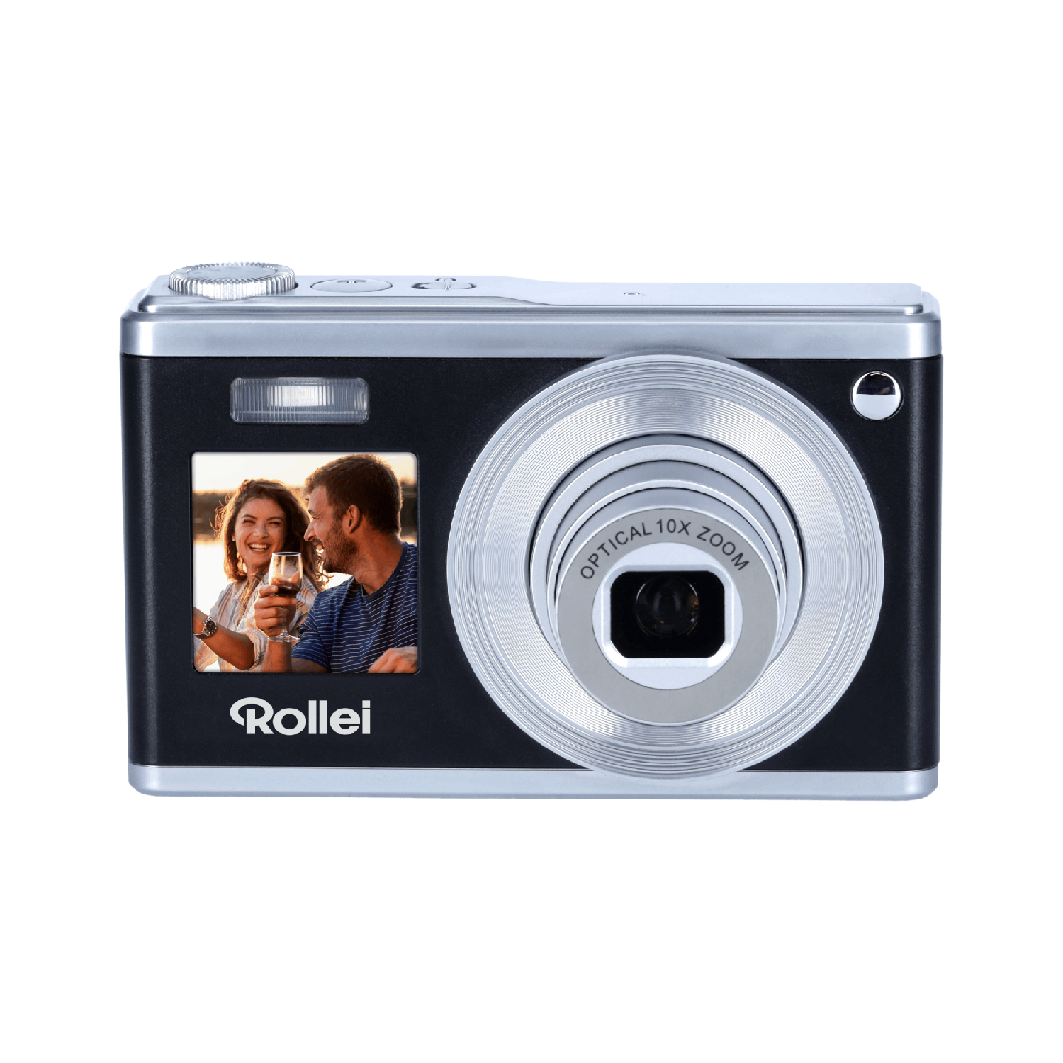 Appareil photo numérique noir et argent montrant un couple trinquant. Fond noir.