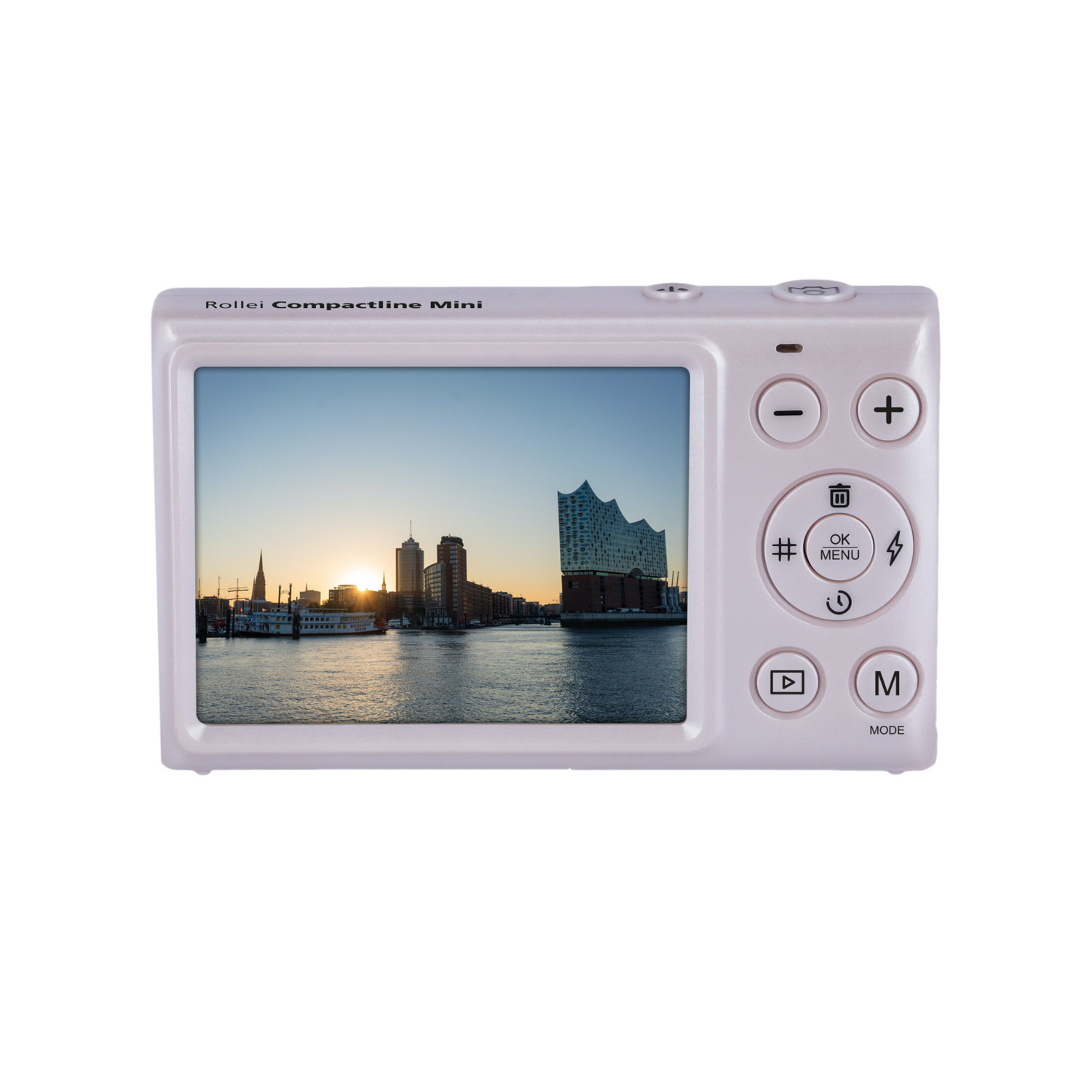 A white Rollei Compactline Mini camera with a small screen showing a landscape.