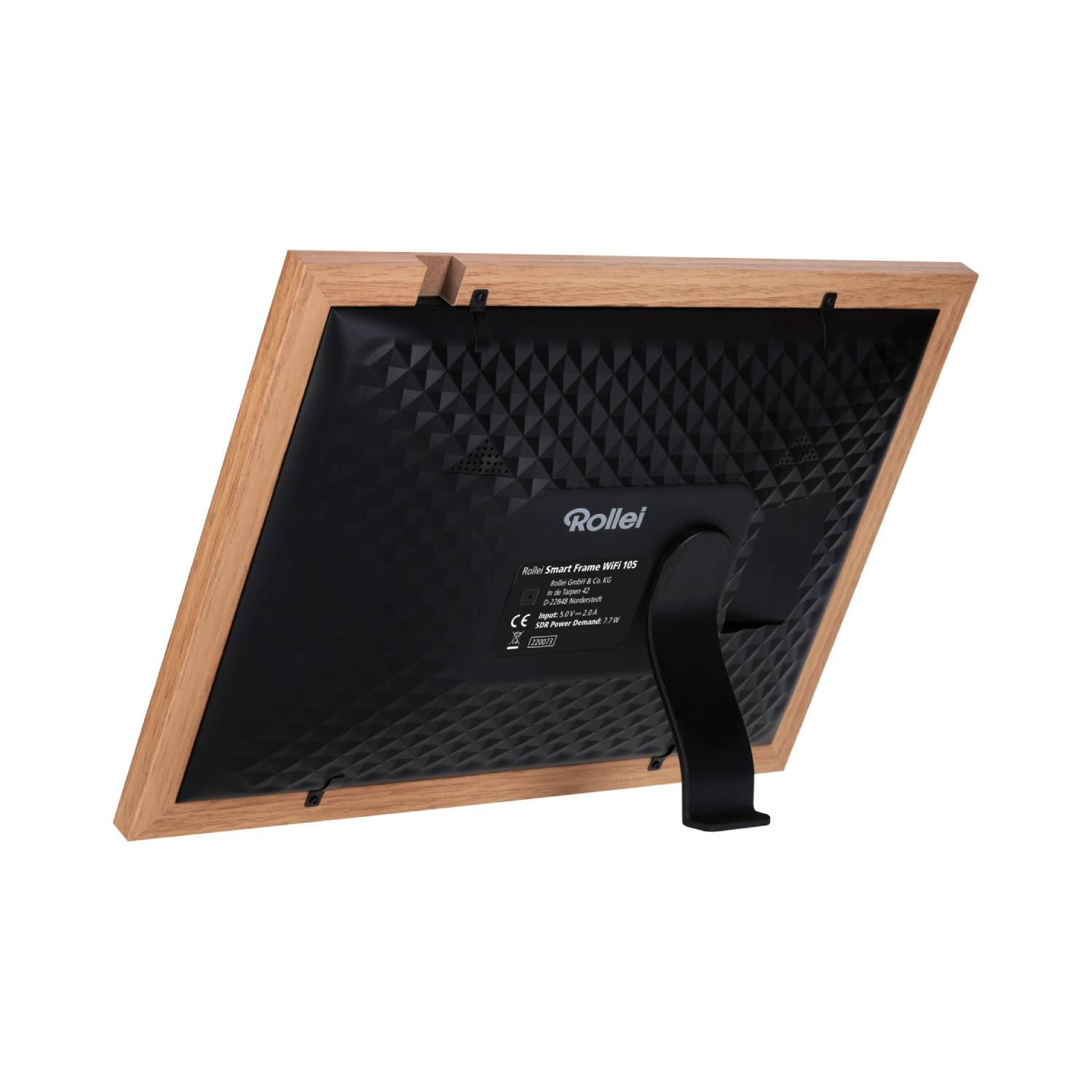 A digital photo frame, rear view, with a black screen and a wooden frame.