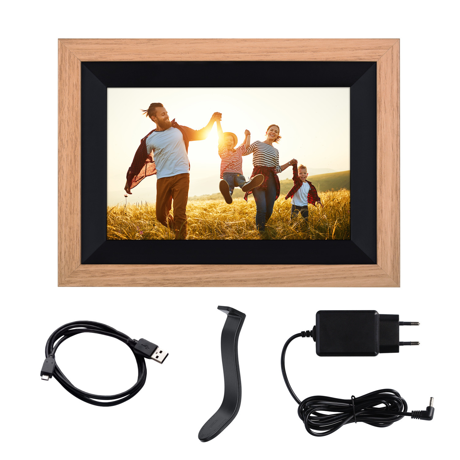 A picture frame with a family photo, a USB cable, a stand, and a power adapter.