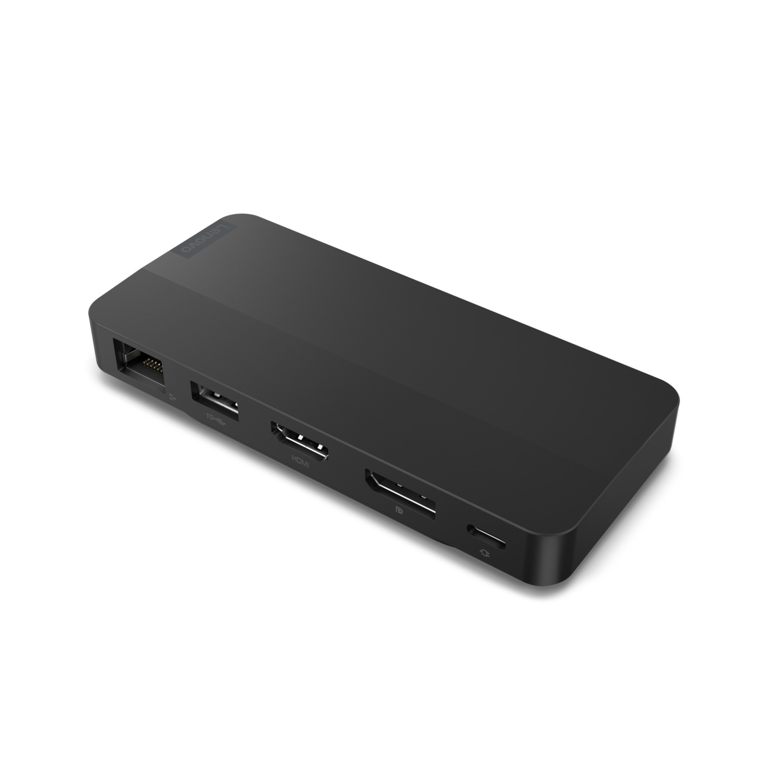 A black Lenovo docking station with multiple ports for connectivity on a white surface.
