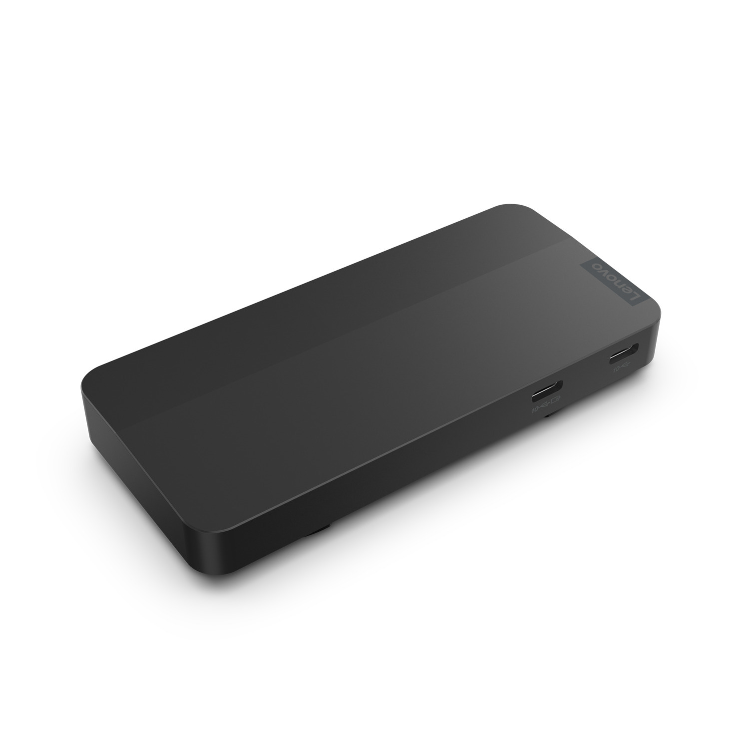 Black Lenovo docking station on a white background.