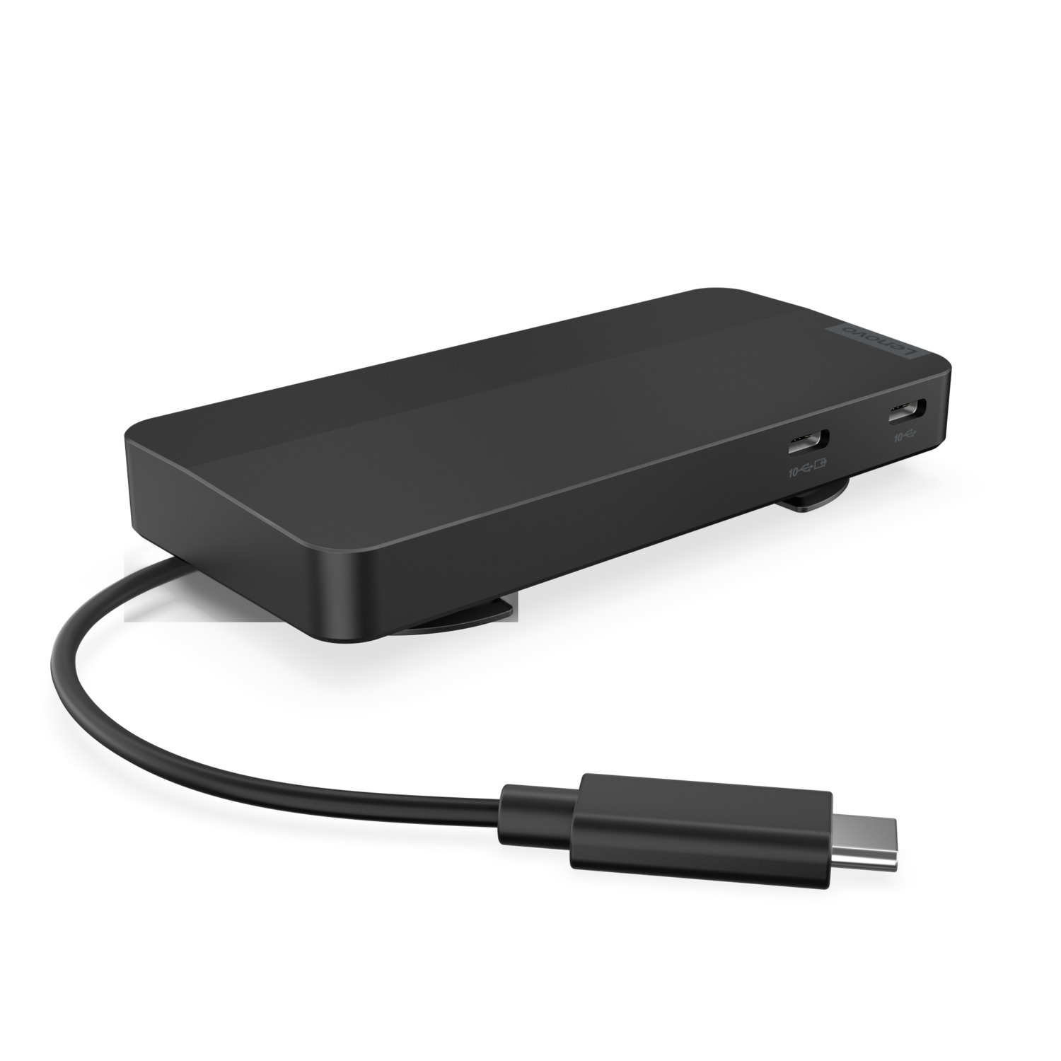 Black USB-C hub with a cable on white background.