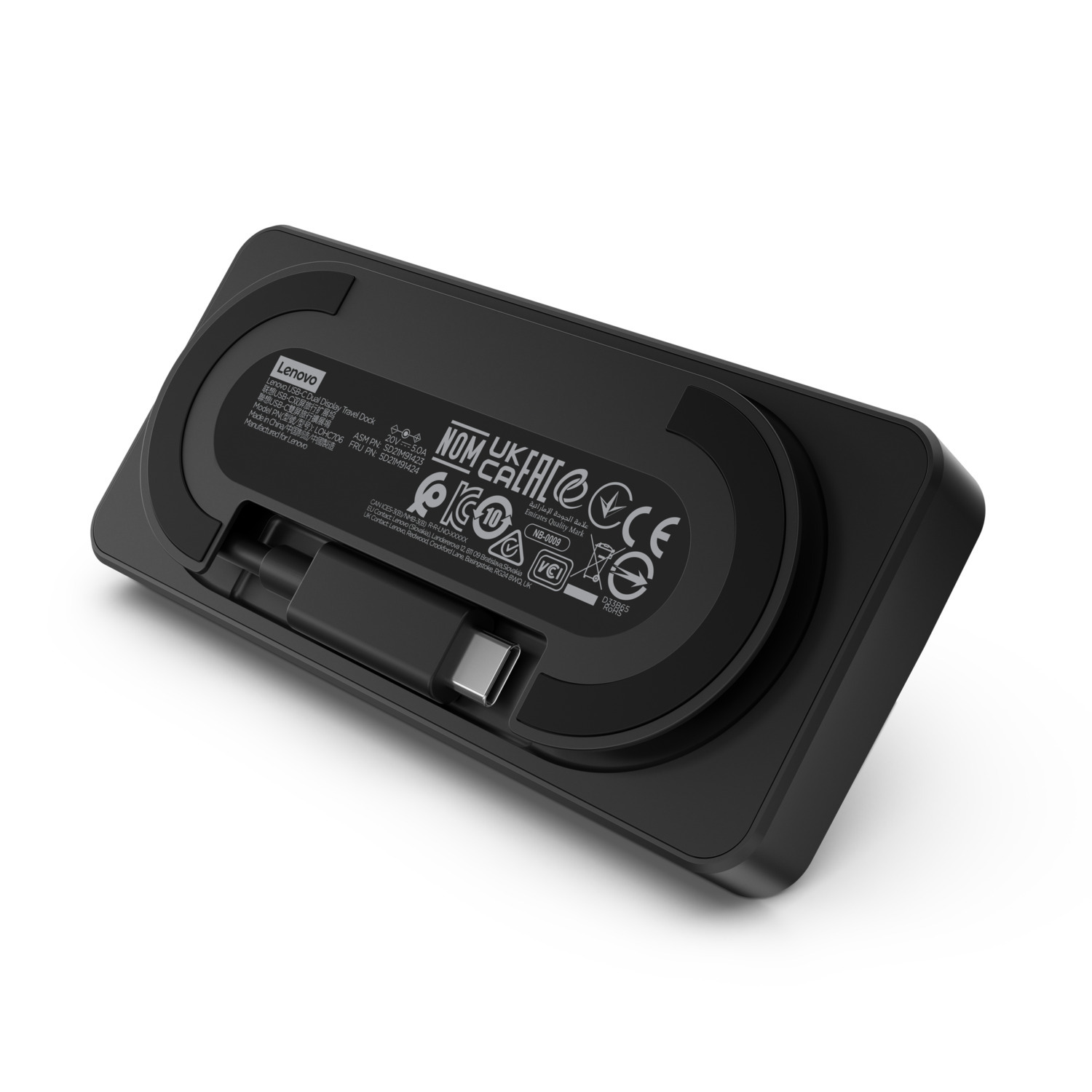 Black Lenovo Travel Dock with USB-C port and various certifications are printed on it.