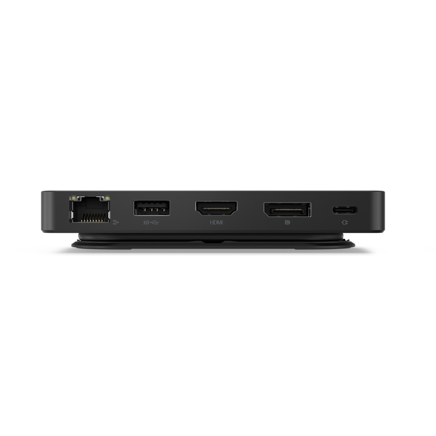 A black docking station with various ports, including Ethernet, HDMI, and USB, on a white surface.