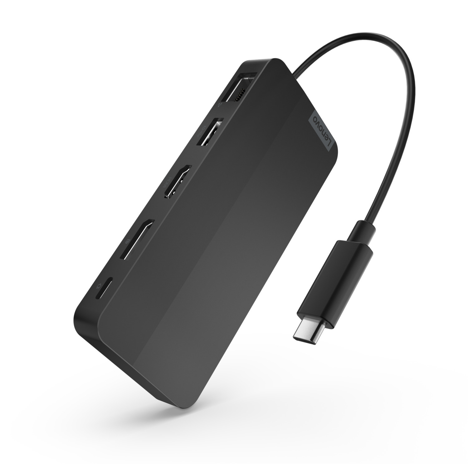 Black Lenovo USB-C hub, multiple ports, and a connected cable.