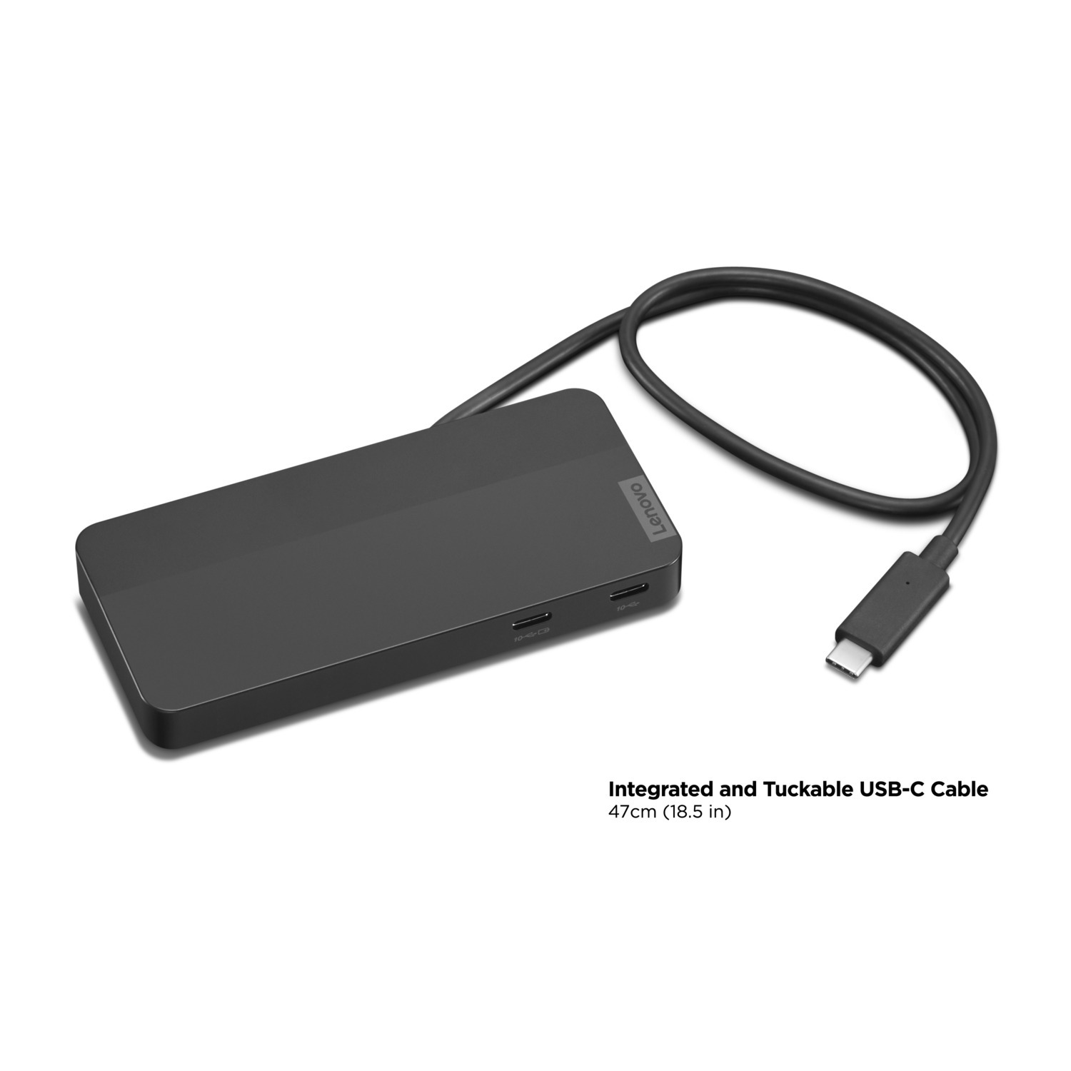Black Lenovo USB-C hub with attached cable, on a white background.