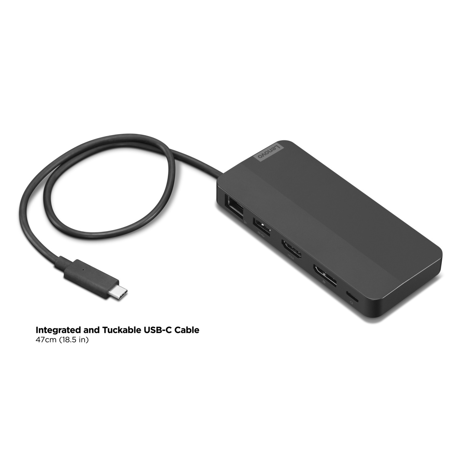 Black Lenovo USB-C hub with a cable.