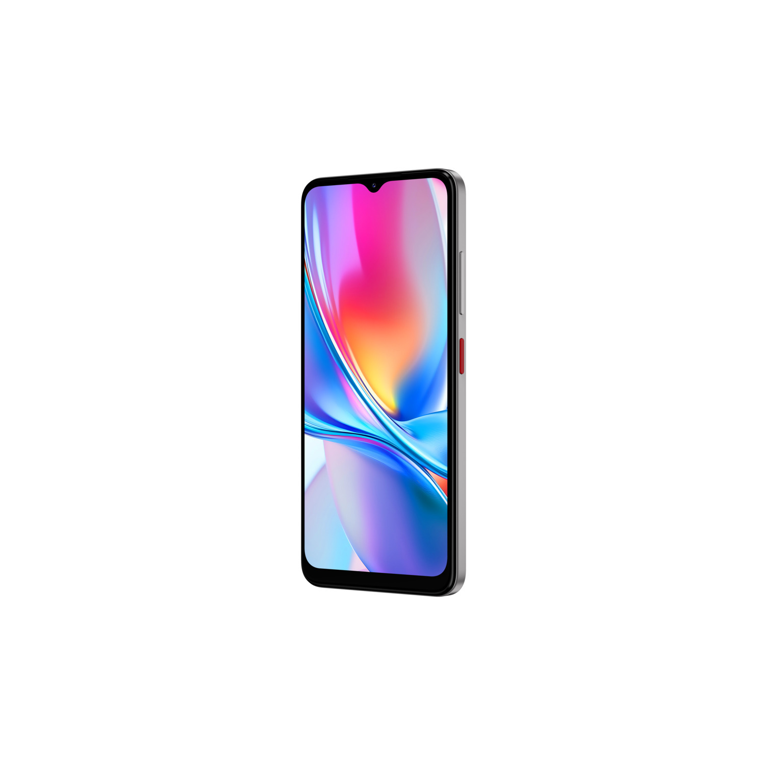 A smartphone with a colorful screen, black frame, and red button.