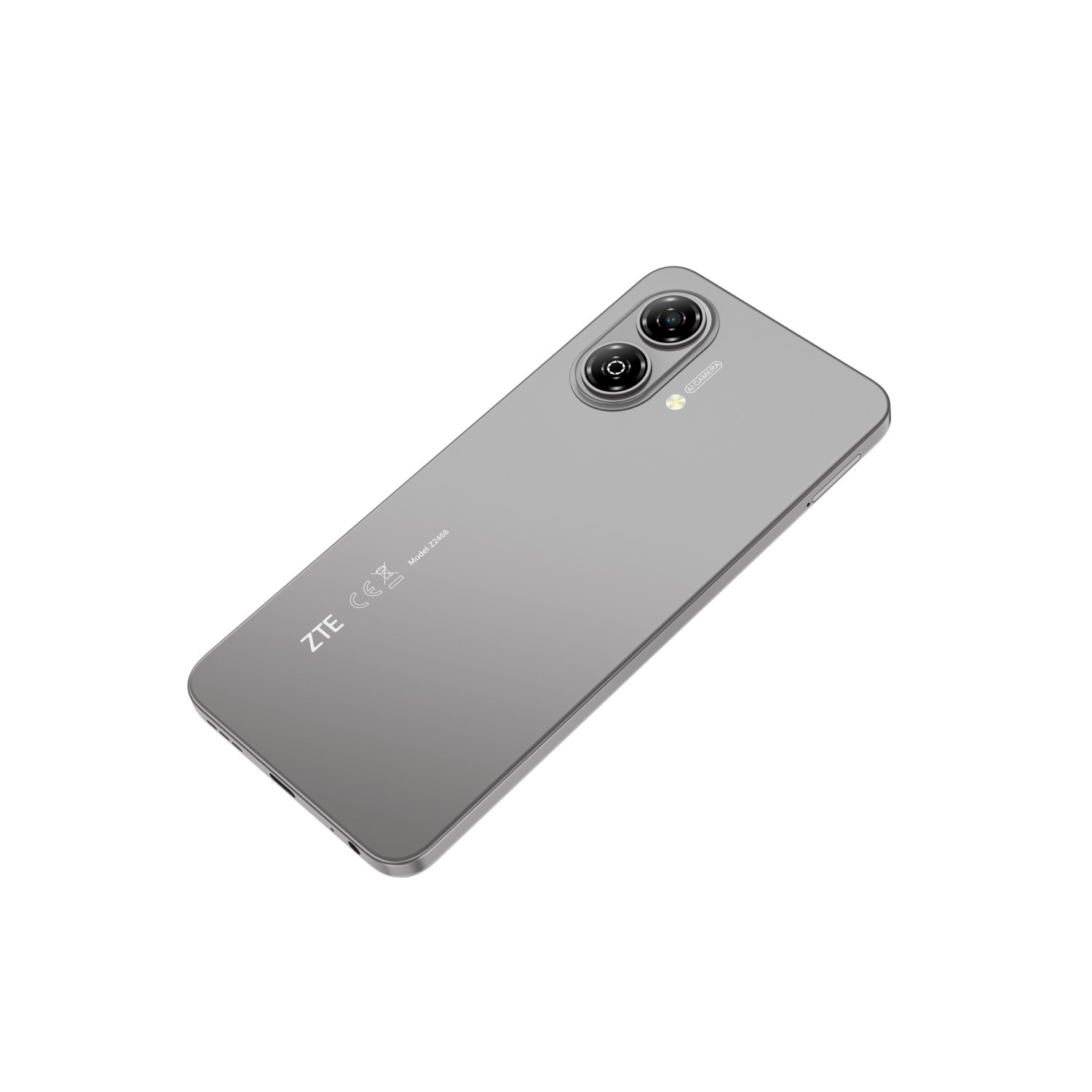 A top-down view of a grey ZTE smartphone. The back has two camera lenses.