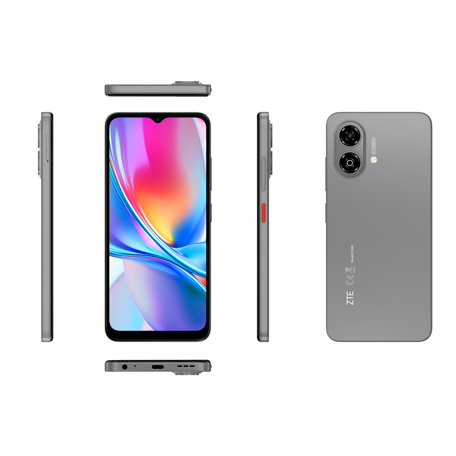 A smartphone with multiple angles shown. The phone is grey with a red side button and dual cameras.