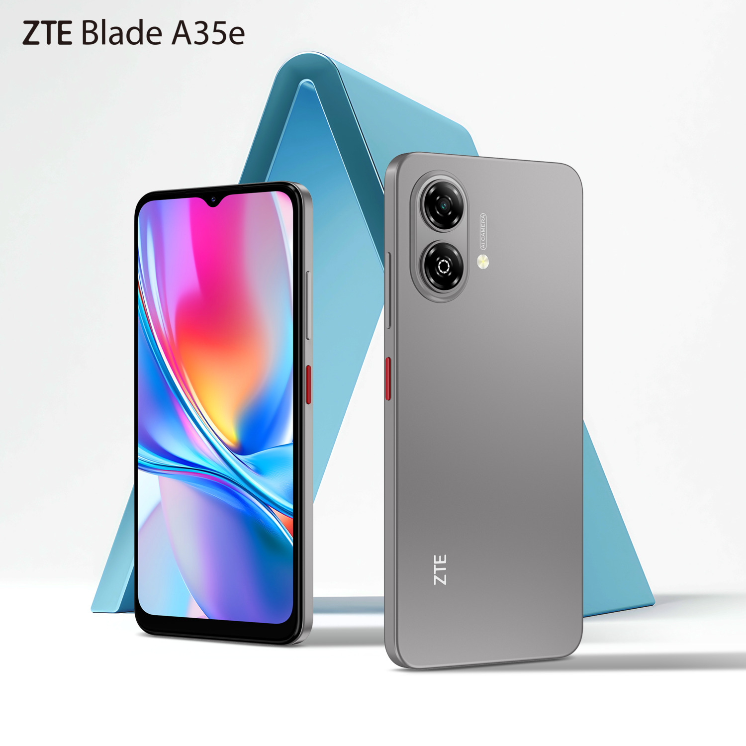 ZTE Blade A35e phone, front and back, on blue and white.