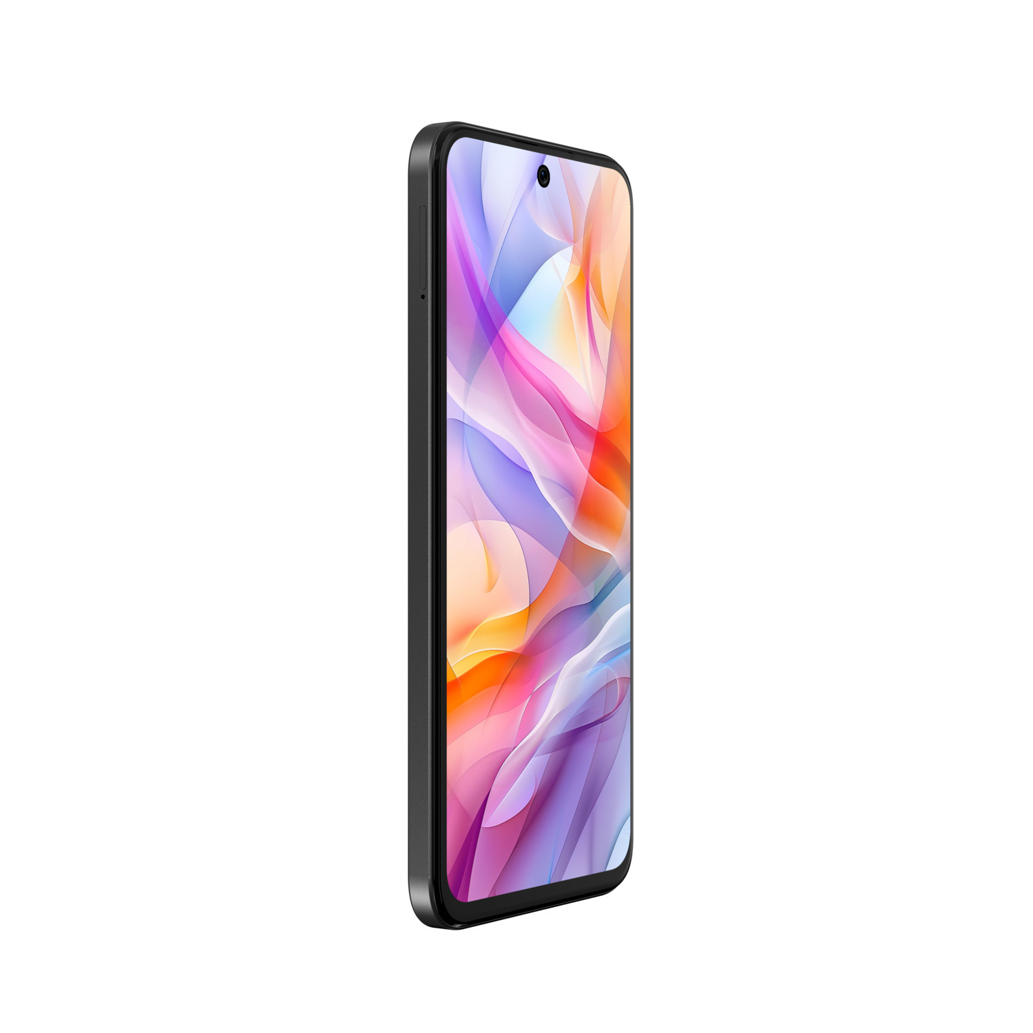 Black smartphone on white. The screen displays colorful abstract art.