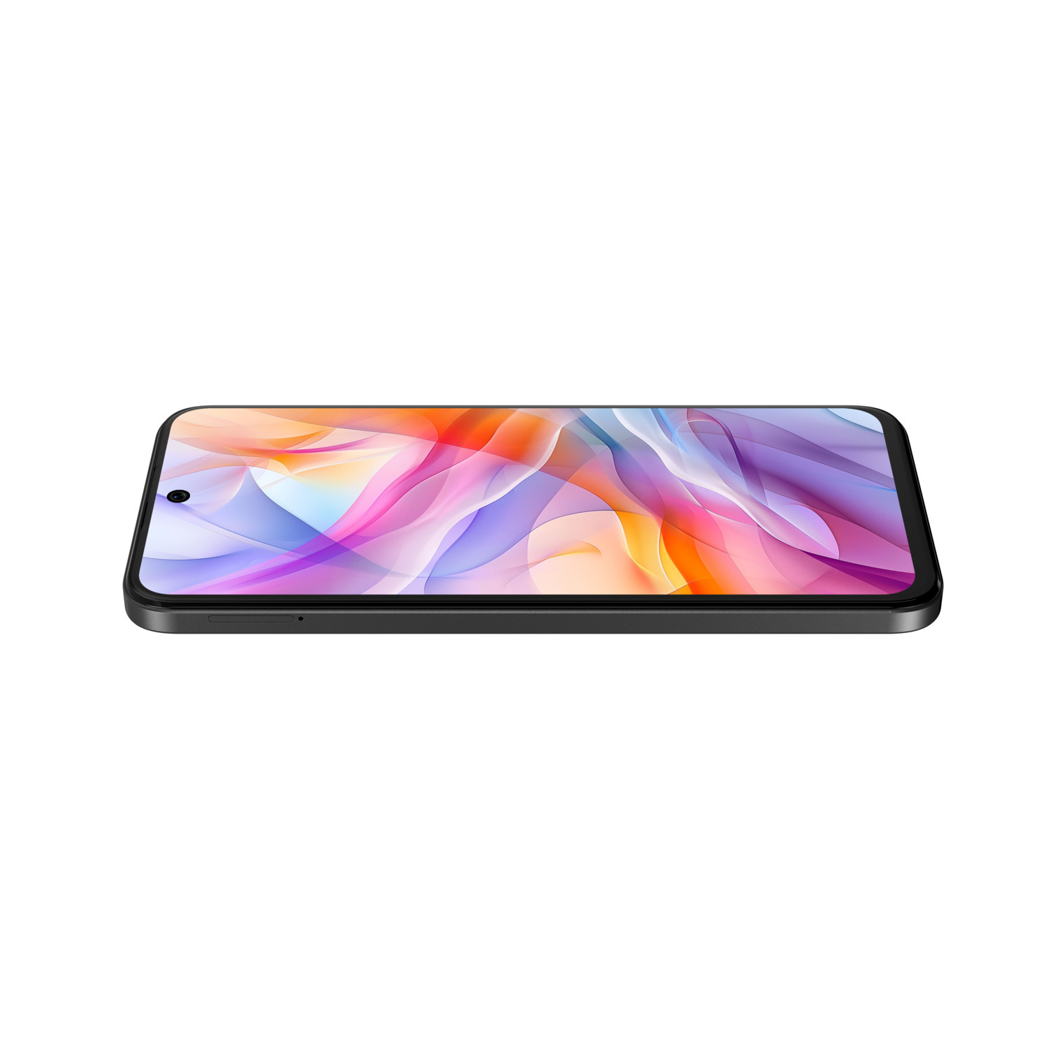 A black smartphone, top-down view. The screen shows a colorful, abstract design.