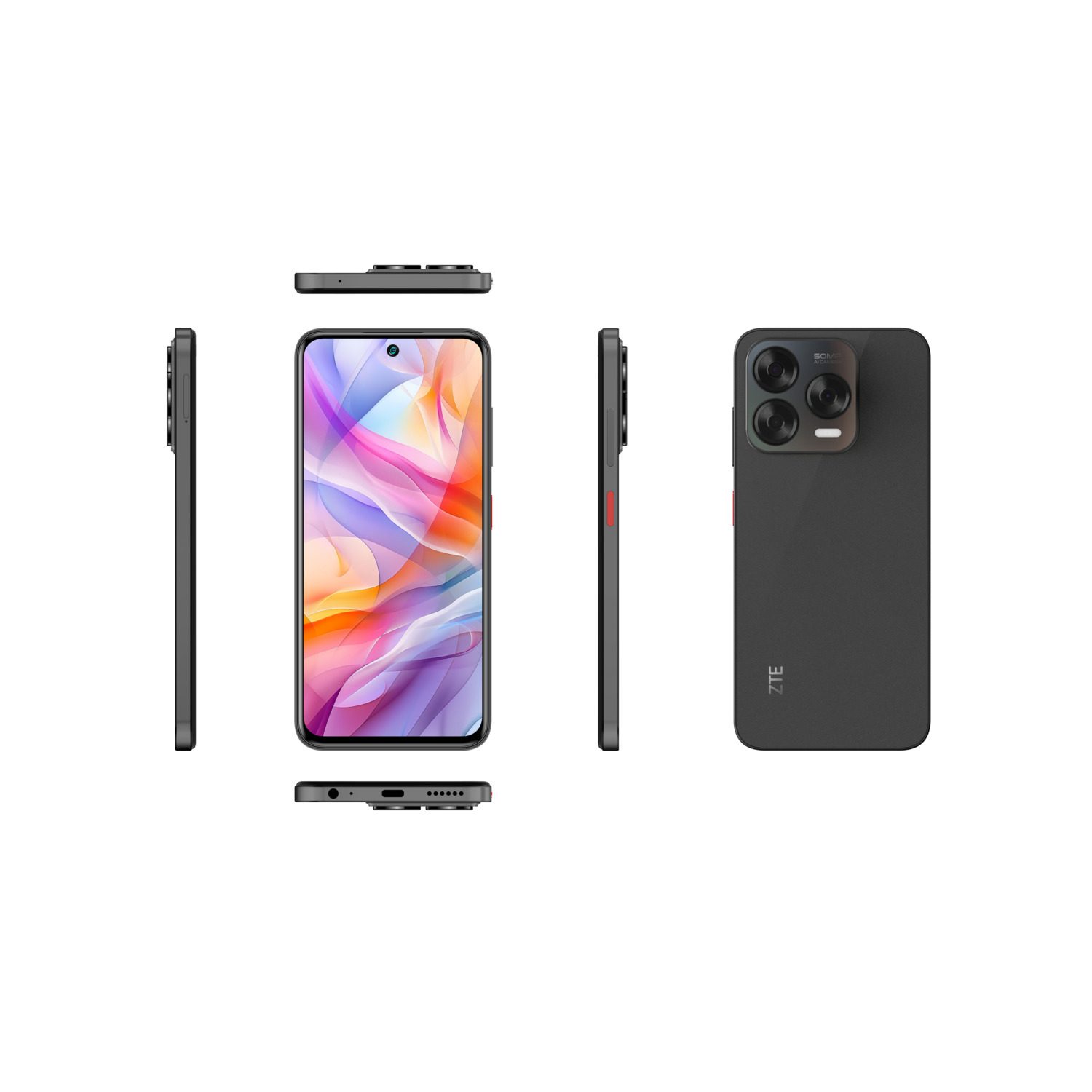 A smartphone with multiple views. Black with a rear camera, front screen, and side view. Colorful screen.